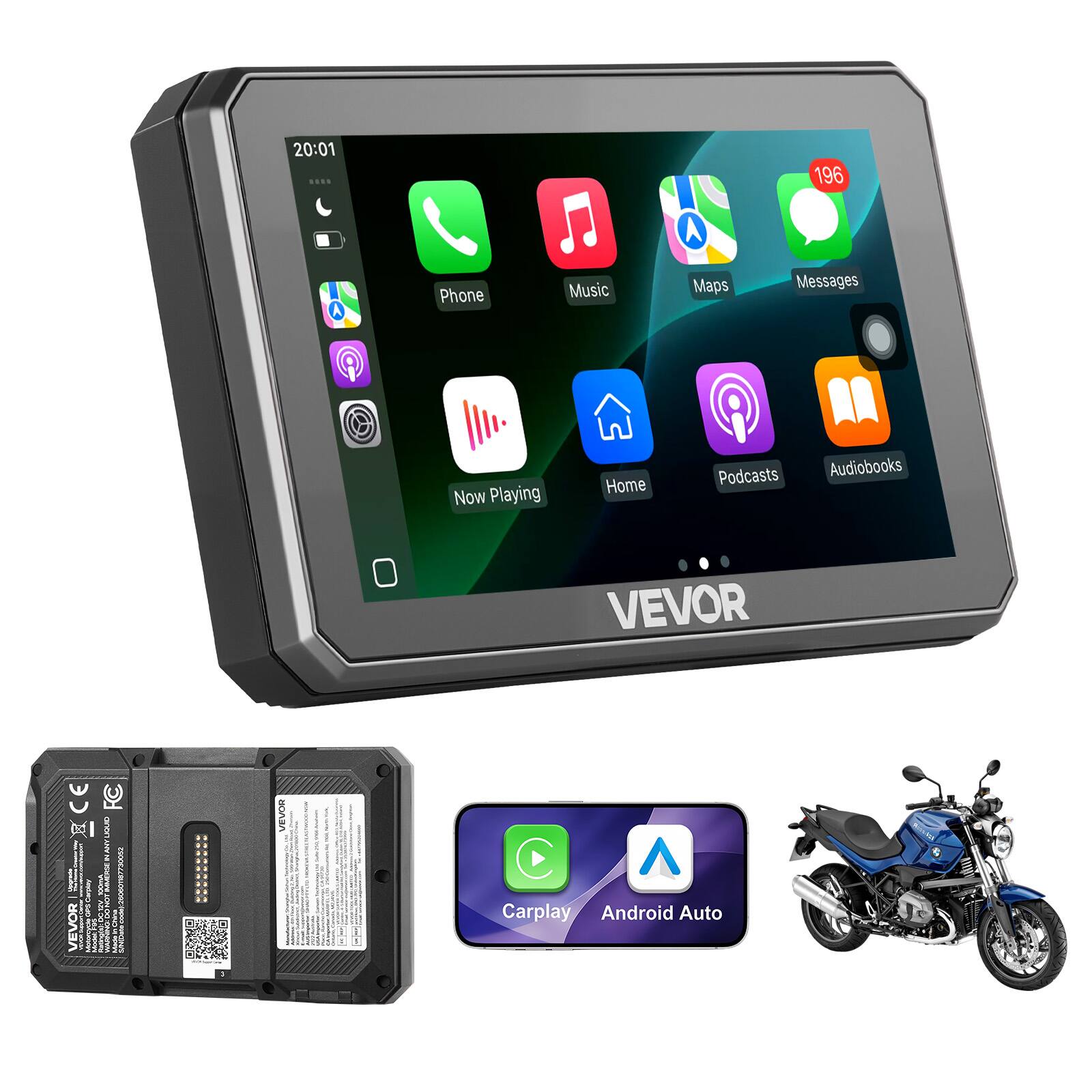 VEVOR - 5 Inch Wireless Motorcycle Carplay with Apple Carplay & Android Auto, HD Touchscreen GPS Navigation System - Black