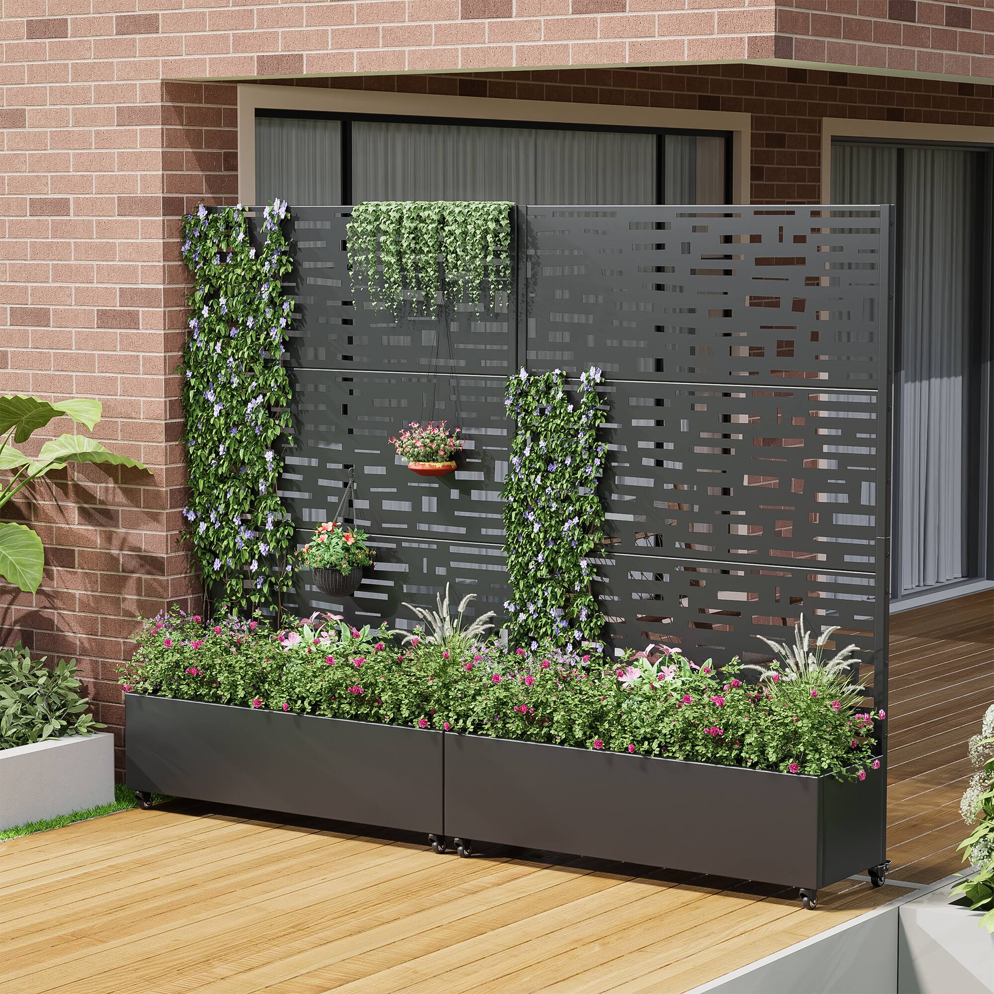 Alt View 2. PexFix - 72 in. H x 47 in. W Gerald Pattern Rectangle Metal Planter Box Raised Garden Beds with Trellis-Ideal for Balcony - Black.
