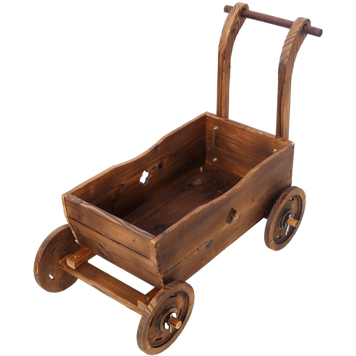 Back. Loheer - Loheer Wooden Wagon Planter with Wheels, Carbonized Fir Wood Flower Cart with Handle and Drainage, Brown.