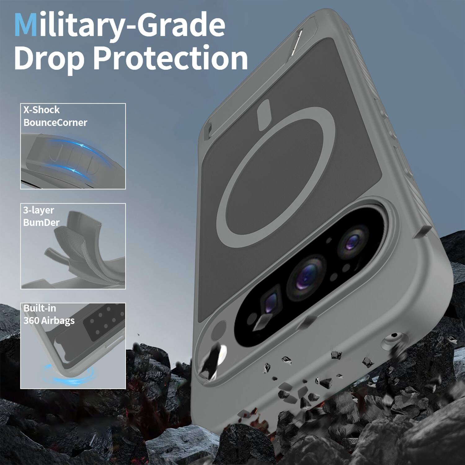 Military-Grade Drop Protection  
X-Shock BounceCorner  
3-layer BumDer  
Built-in 360 Airbags
