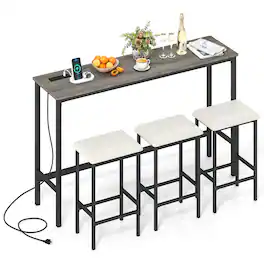 Gymax - 4PCS Counter Height Bar Table w/Power Outlet 3 Padded Stools for Breakfast Nook - Gray
