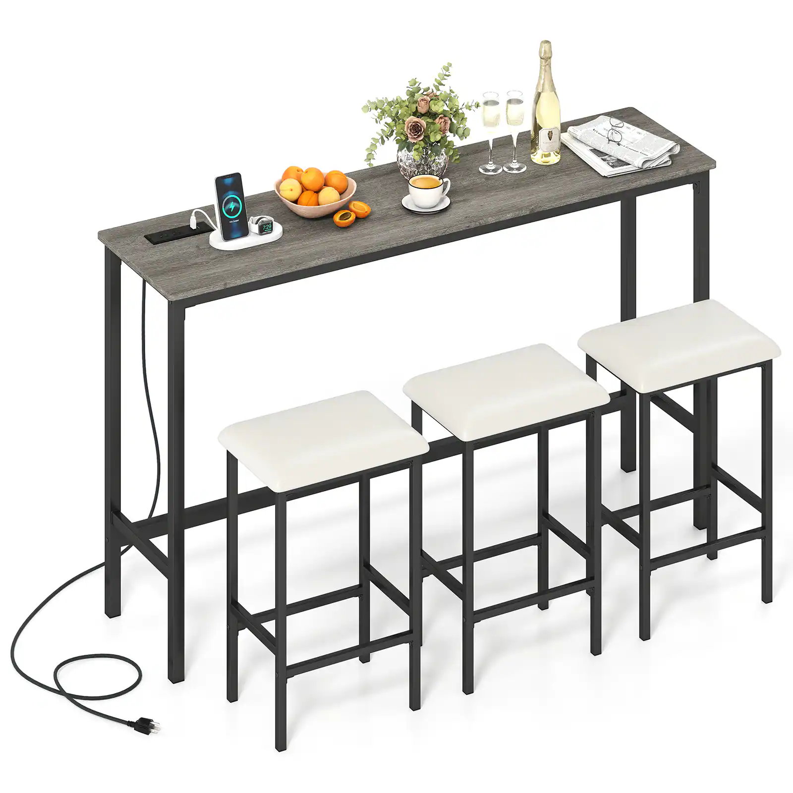Front. Gymax - Gymax 4PCS Counter Height Bar Table w/Power Outlet 3 Padded Stools for Breakfast Nook - Gray.