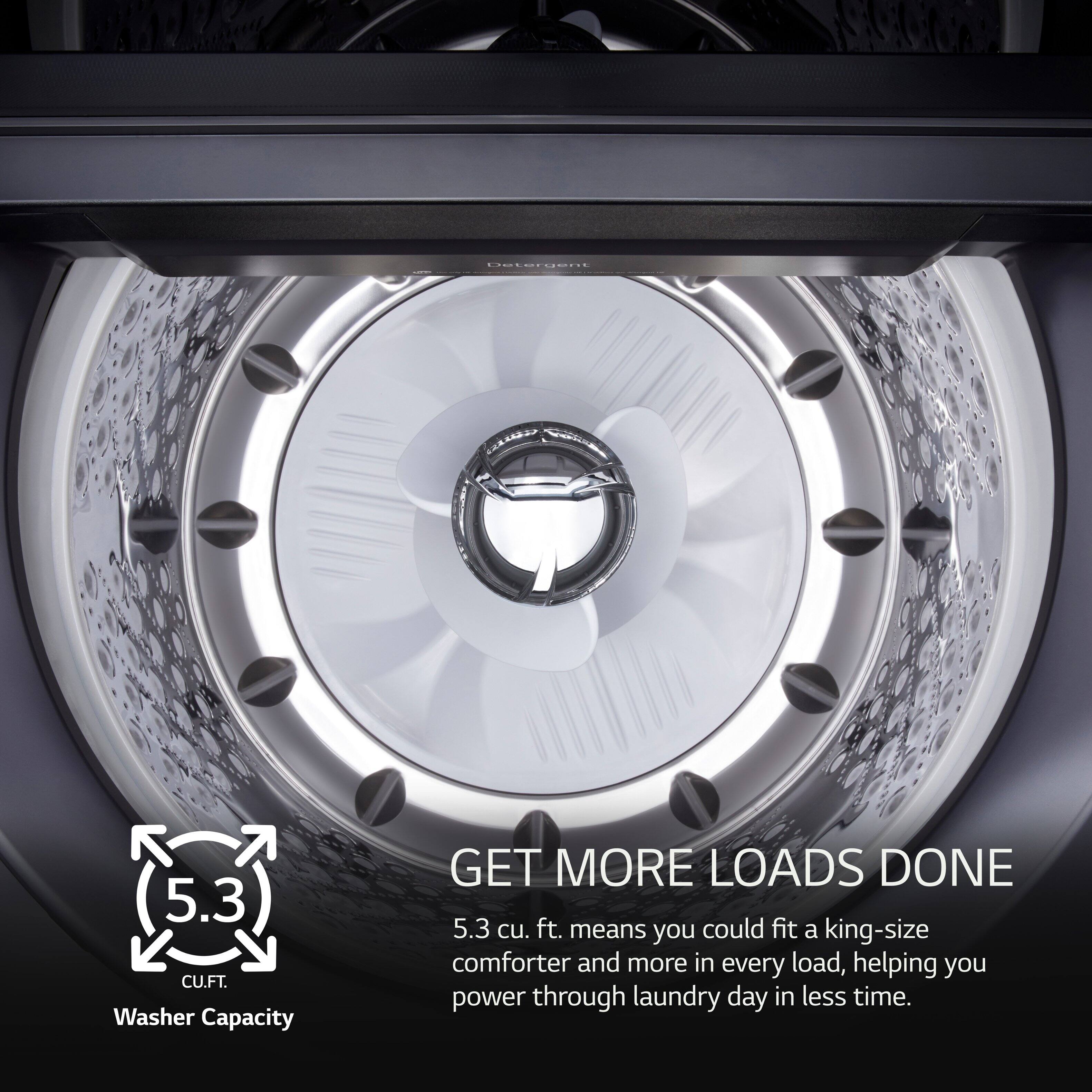 The text on the image is grouped and corrected as follows:

"Get More Loads Done with 5.3 cu. ft. Washer Capacity. 5.3 cu. ft. means you could fit a king-size comforter and more in every load, helping you power through laundry day in less time."