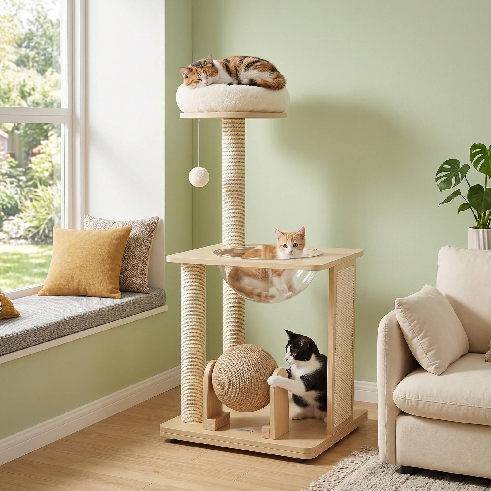 Alt View 1. Gymax - Gymax 40'' Modern Solid Wood Cat Tree w/Top Perch Space Capsule Sisal Scratching Posts Natural - Yellow.