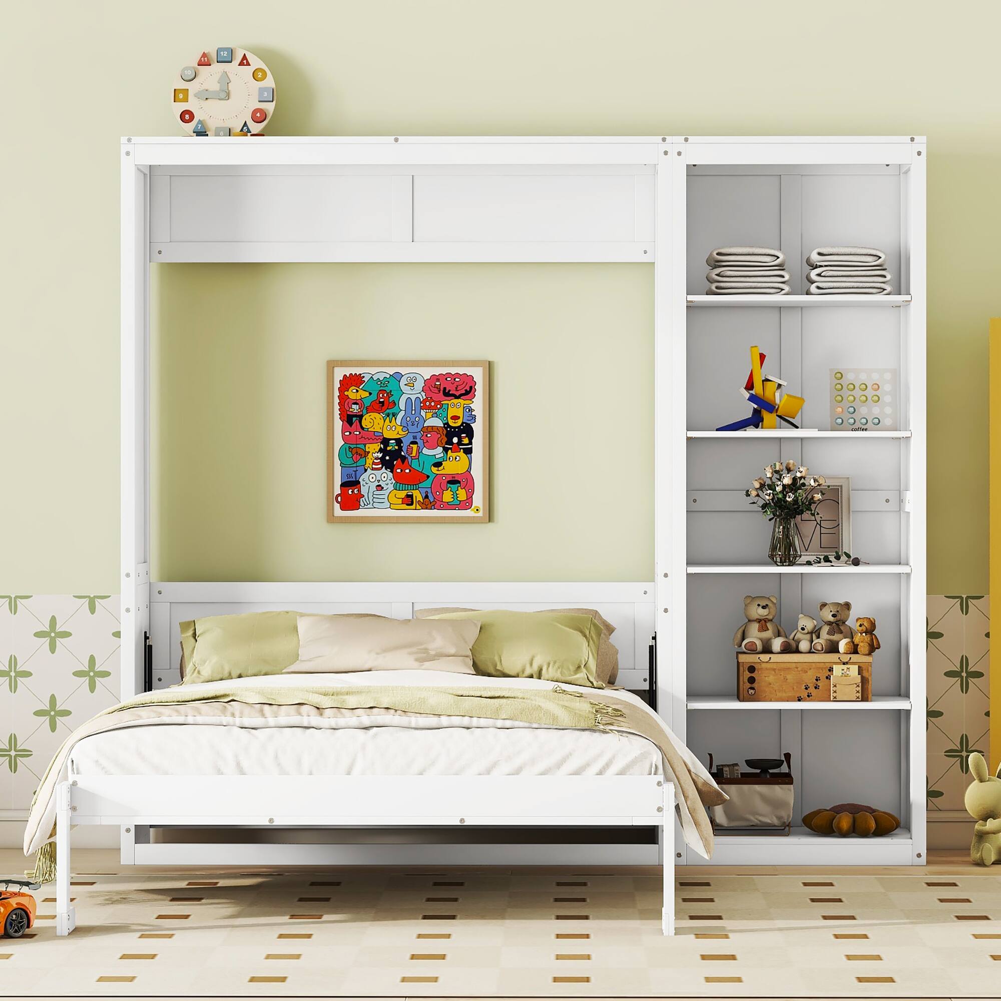 Angle. Tiramisubest - Queen Size Murphy Wall Bed with Shelves, White, Wood + MDF, Space-Saving - White.