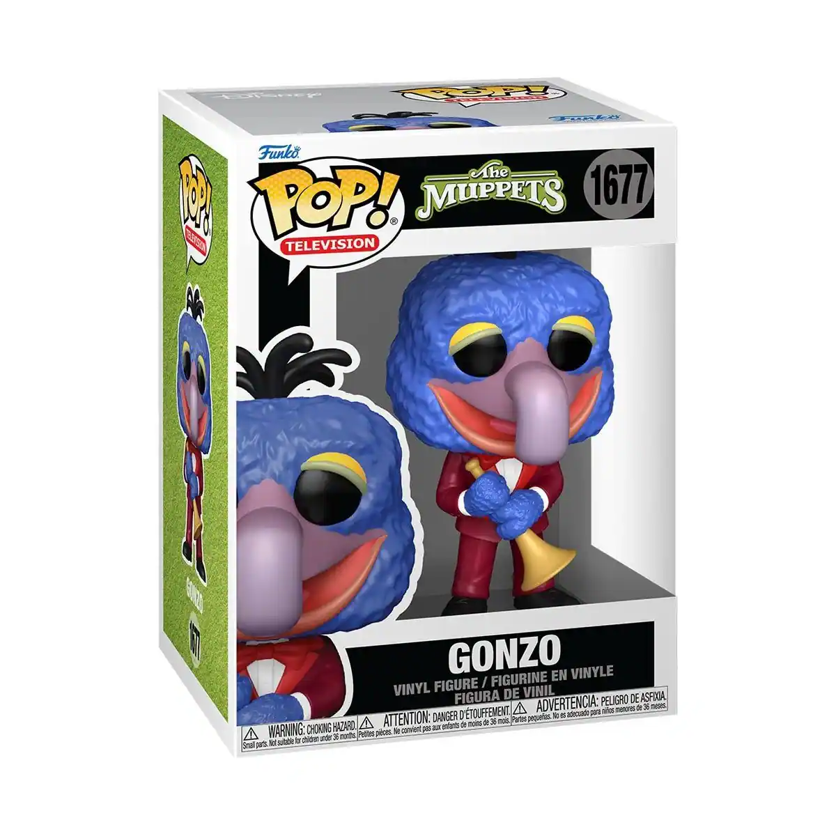 Sure, here is the corrected and grouped text from the image:

---

**Funko POP!**  
**TELEVISION**  
**The Muppets**  
**1677**

**GONZO**  
**VINYL FIGURE / FIGURINE EN VINYLE / FIGURA DE VINIL**

**WARNING: CHOKING HAZARD - Small parts. Not for children under 3 years.**  
**ADVERTENCIA: PELIGRO DE ASFIXIA - Piezas pequeñas. No es adecuado para niños menores de 3 años.**  
**ATTENTION: DANGER - Petits pièces. Ne convient pas aux enfants de moins de 3 ans.**

---

This text is from the packaging of a Funko Pop! vinyl figure of Gonzo from The Muppets.