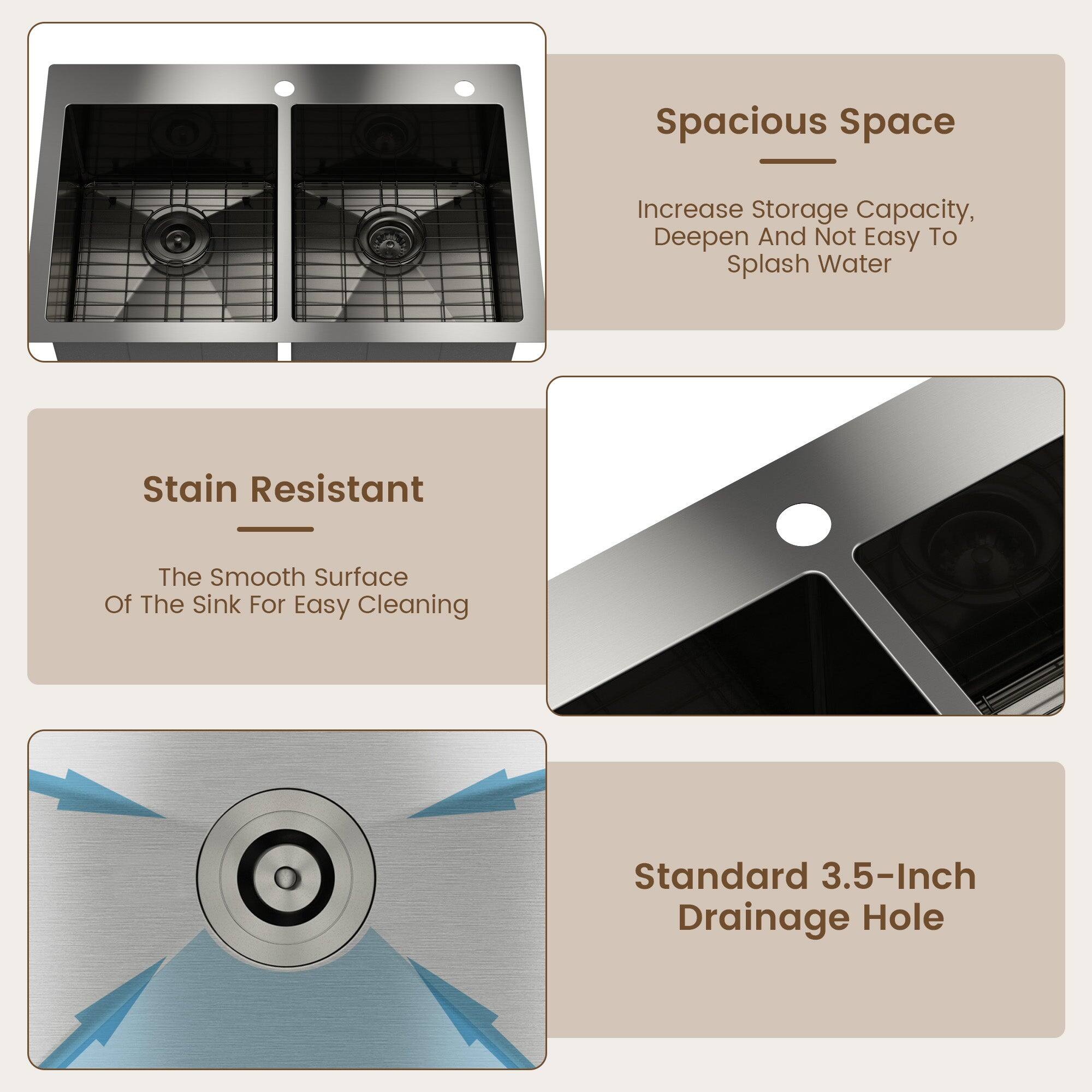 Spacious Space: Increase Storage Capacity, Deepen And Not Easy To Splash Water

Stain Resistant: The Smooth Surface Of The Sink For Easy Cleaning

Standard 3.5-Inch Drainage Hole