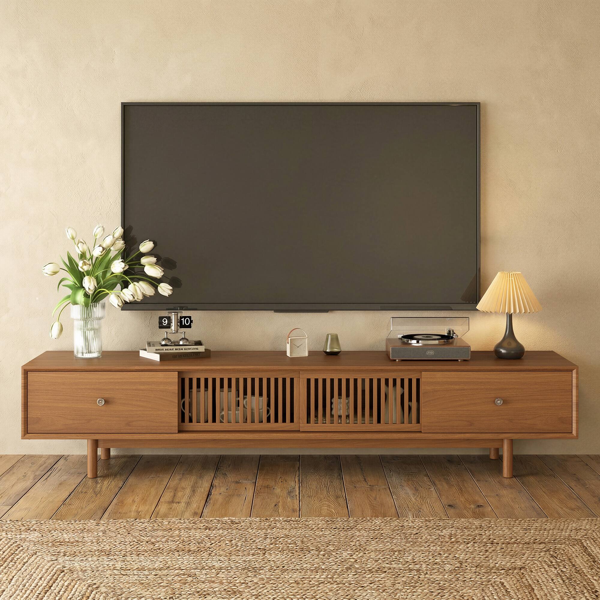 Angle. luck idea - Mid-Century Modern 78.7" TV Stand, 2 Storage Drawers, Cable Management Port & Solid Wood Legs - Walnut Color.