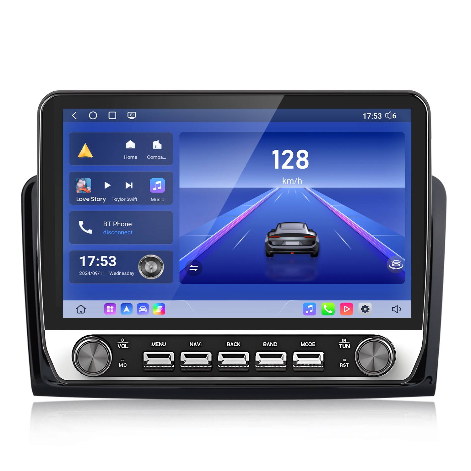17:53 6 Home Compa... 128 km/h Love Story Taylor Swift Music BT Phone disconnect 17:53 2024/09/11 Wednesday VOL MENU NAVI BACK BAND MODE H4 TUN MC RST