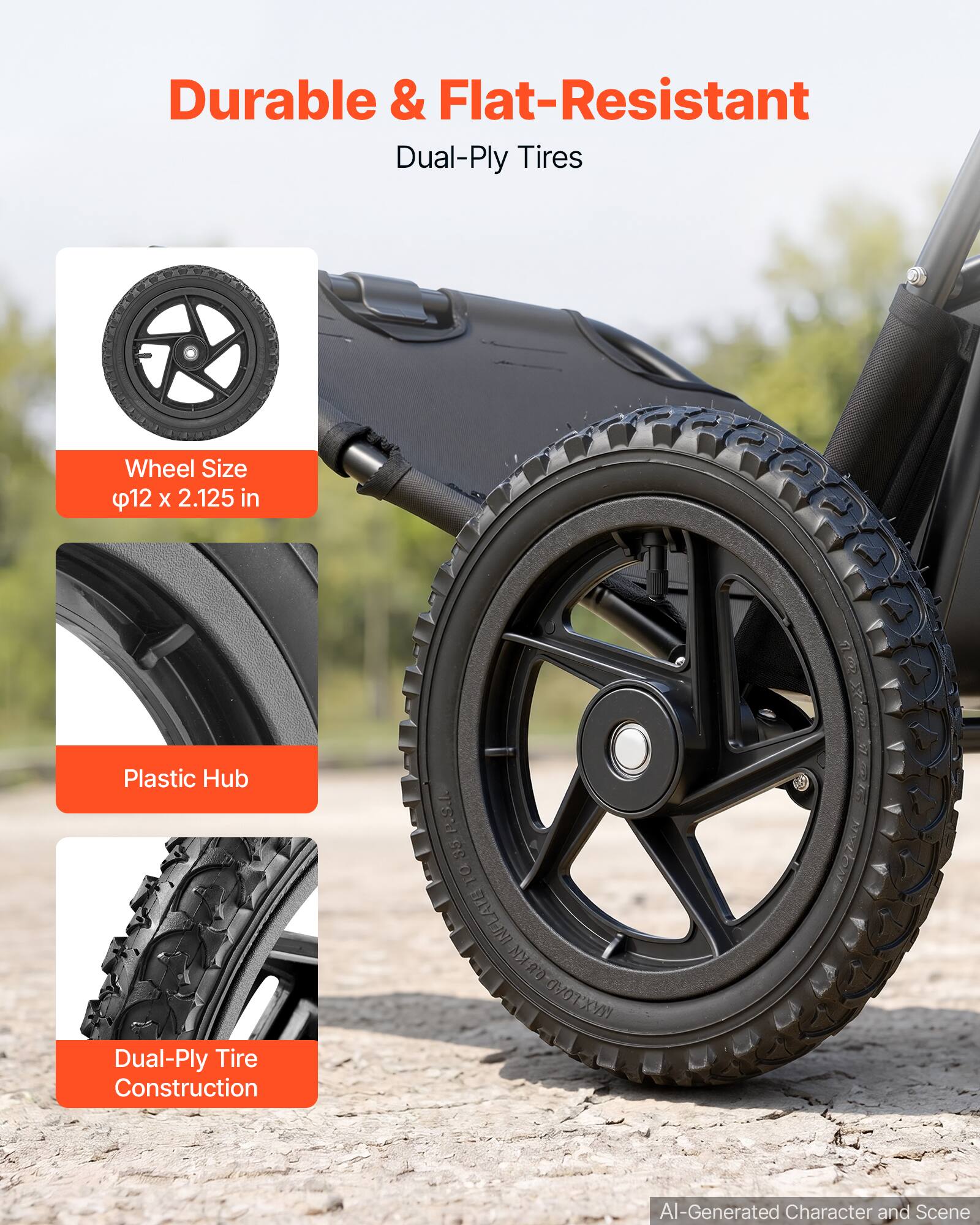 Durable & Flat-Resistant Dual-Ply Tires

Wheel Size: 12 x 2.125 in

Plastic Hub

Dual-Ply Tire Construction

P.S.I. 35

INFLAVE KN 80

NYCON

AI-Generated Character and Scene