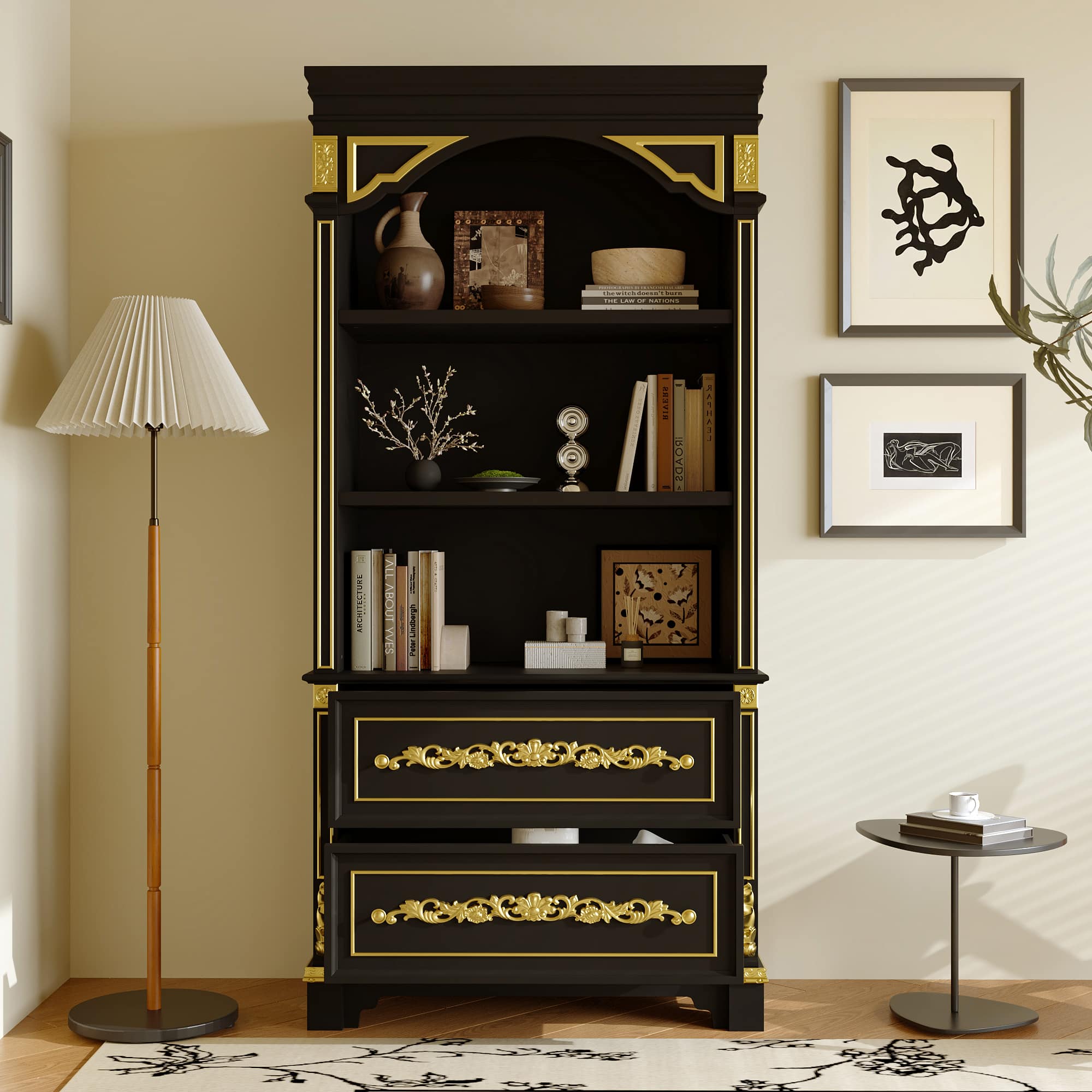 Famapy - Luxury Display Cabinet with Carved Details, Tall Accent Storage Cabinet with Open Shelves and Drawers for Living Room
