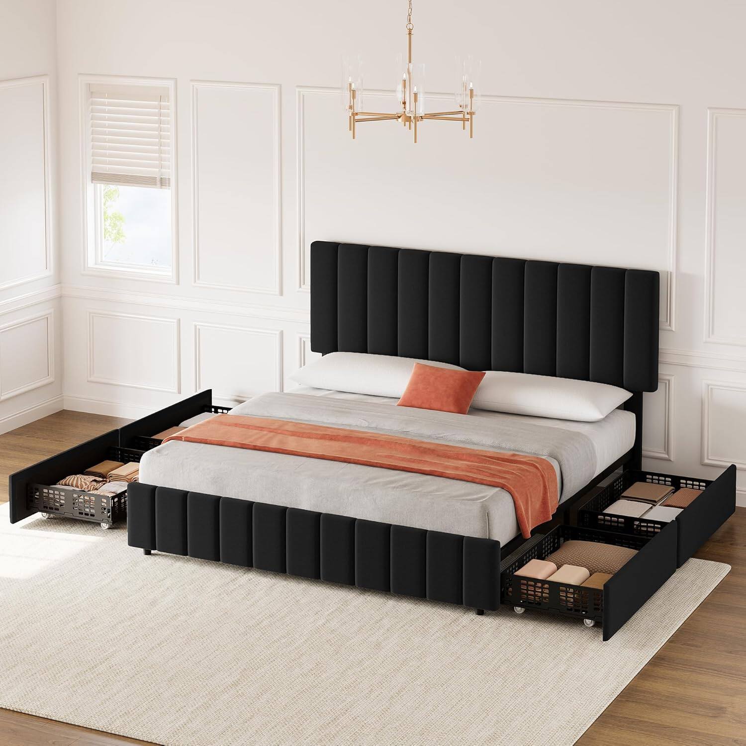 Angle. Jojoka - King Size Upholstered Storage Bed Frame with 4 Drawers, Adjustable Headboard, Wood Slats, No Box Spring, Black - Black.
