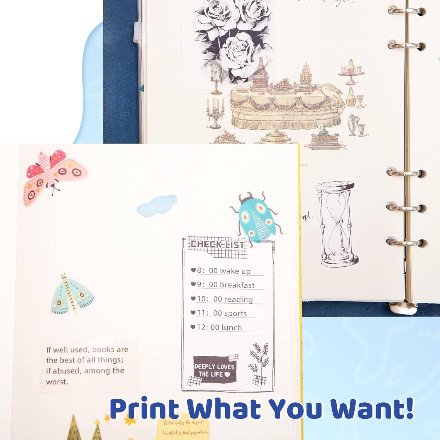 Sure, here is the corrected and grouped text:

---

**CHECK-LIST**

- 8:00 wake up
- 9:00 breakfast
- 10:00 reading
- 11:00 sports
- 12:00 lunch

If well used, books are the best of all things; if abused, among the worst.

**Print What You Want!**

---

**DEEPLY LOVES THE LIFE**

---

**What makes the day?  
Kindness is that answer.**