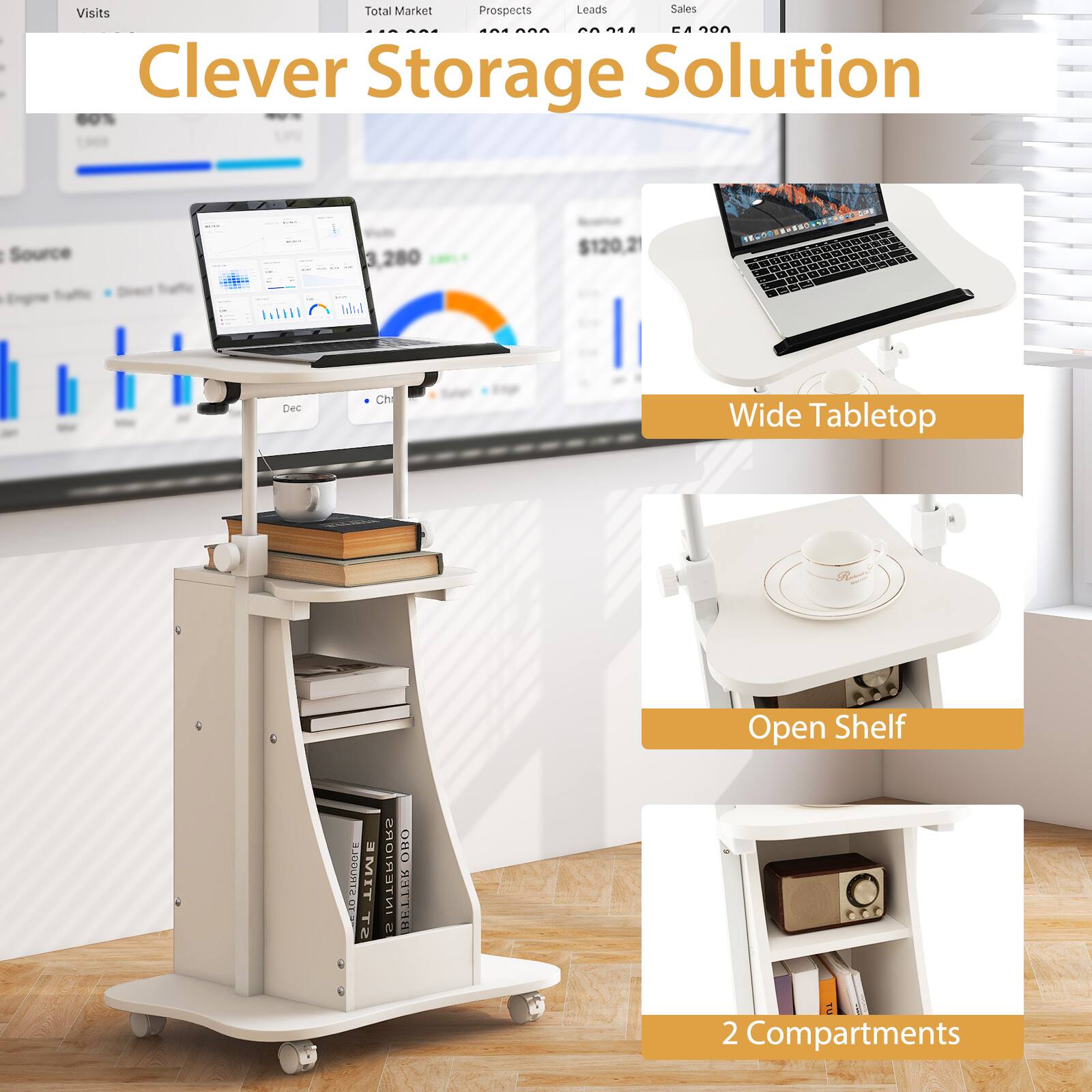 Clever Storage Solution

- Wide Tabletop
- Open Shelf
- 2 Compartments