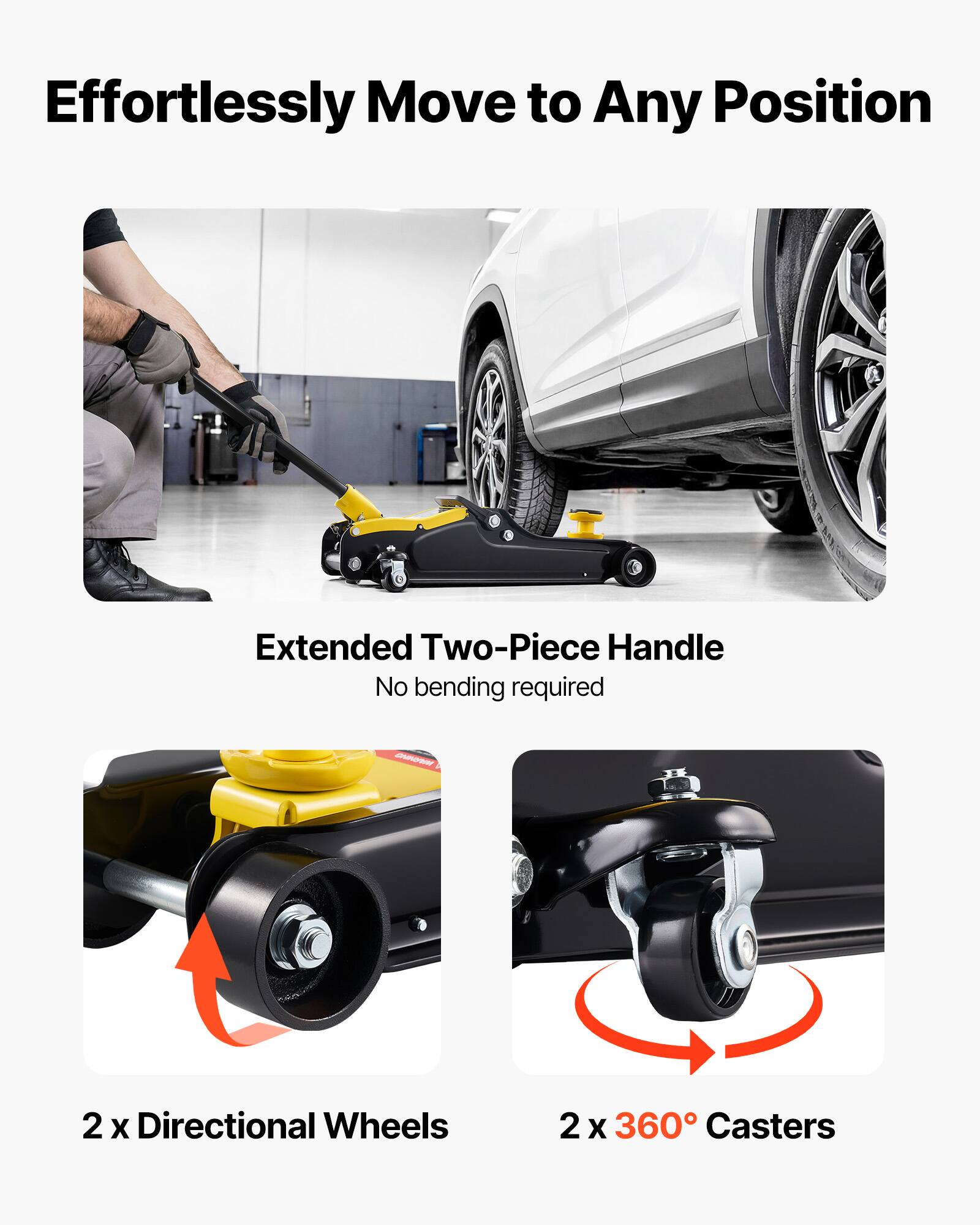 Effortlessly Move to Any Position

Extended Two-Piece Handle
No bending required

2 x Directional Wheels

2 x 360° Casters