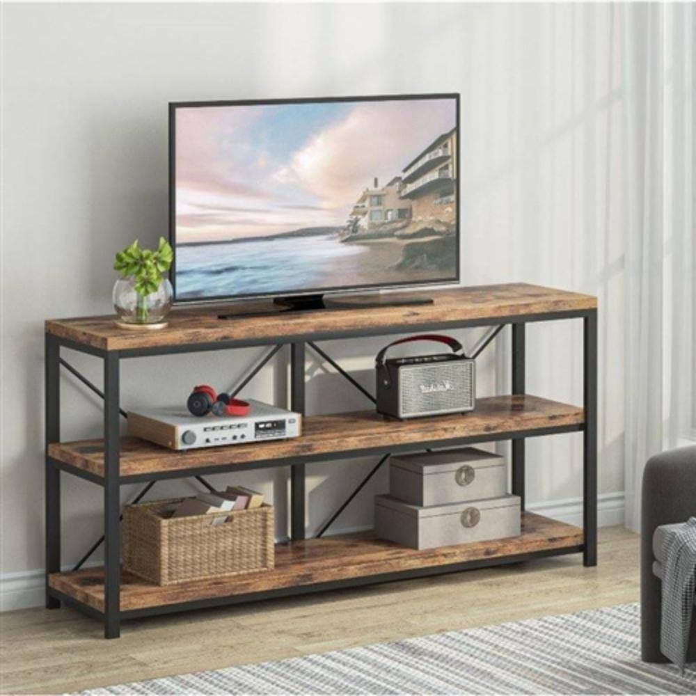 Back. Hivvago - Industrial 55-inch Wood Shelf Console Sofa Table with Sturdy Black Metal Frame - Rustic, Black.