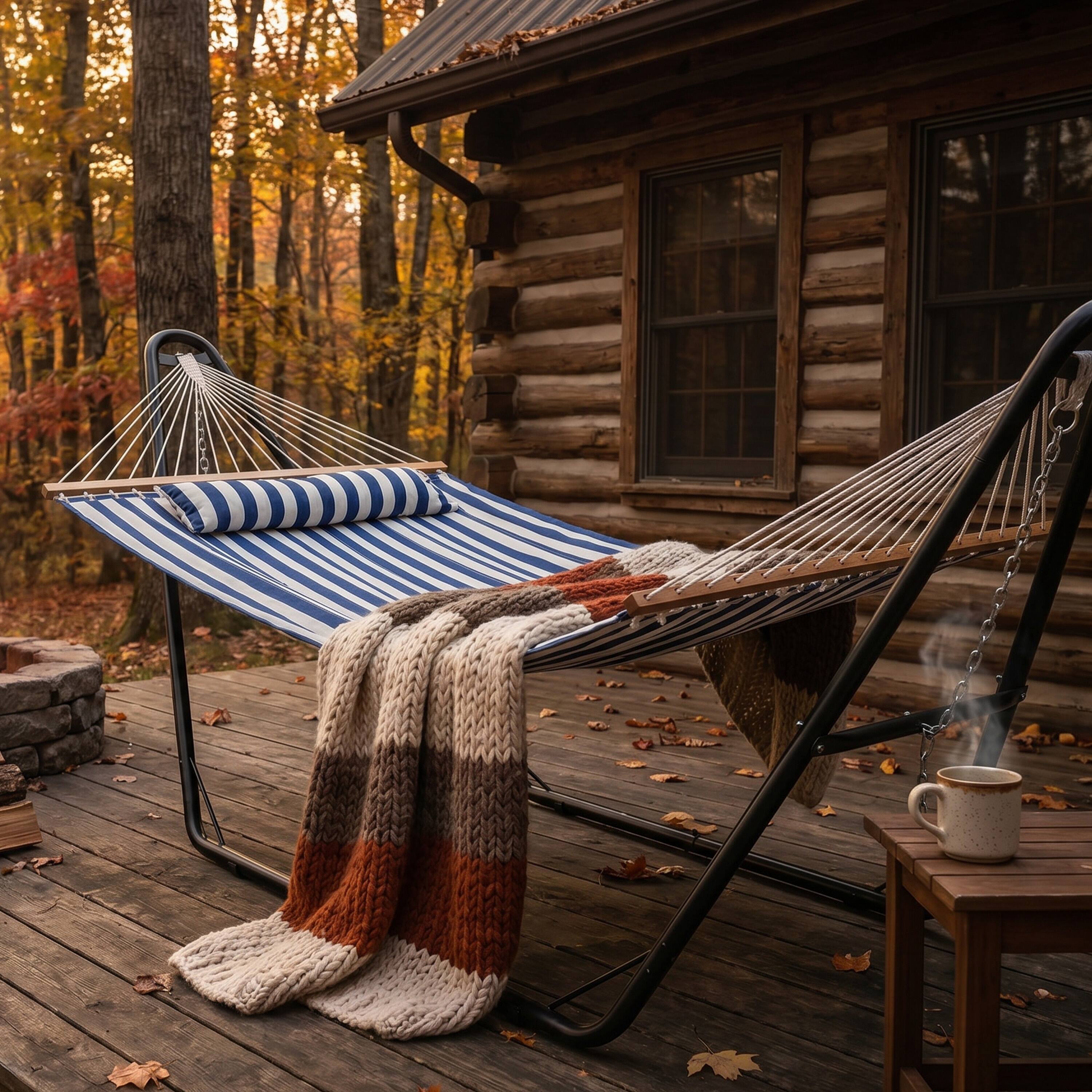 Alt View 9. Sunnydaze - Large Quilted Hammock with Universal Steel Stand - Blue/White Stripe.