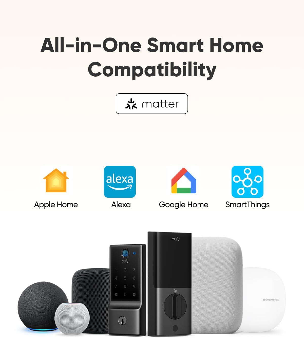 All-in-One Smart Home Compatibility

matter

Apple Home
Alexa
Google Home
SmartThings

oufy

1
2
3
4
5
6
7
8
9
0

@SmartThings