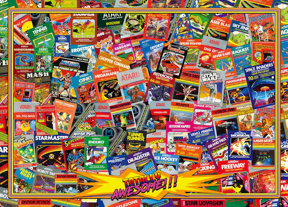 Sure, here is the corrected and grouped text from the image:
**Video Games:**
- Pac-Man
- Activision Tennis
- Skiing
- Frostbite
- Master Command
- The Power of He-Man
- Oink!
- Donkey Kong
- Missile Command
- E.T.
- Atari Asteroids
- Atari Atlantis
- Atari Centipede
- Atari Riddlers
- Atari Vanguard
- Atari Cosmic Ark
- Atari Plaque Attack
- Atari Warlords
- Atari Crystal Castles
- Atari Mouse Trap
- Atari Space Invaders
- Atari Star Wars
- Atari Moonsweper
- Atari Star Voyager
- Atari Raiders of the Lost Ark
- Atari Dragonstare
- Atari Ice Hockey
- Atari Boxing
- Atari Freeway
- Atari Raiders of the Lost Ark
- Atari Star Voyager
- Atari Raiders of the Lost Ark
- Atari Dragonstare
- Atari Ice Hockey
- Atari Boxing
- Atari Freeway
- Atari Raiders of the Lost Ark
- Atari Dragonstare
- Atari Ice Hockey
- Atari Boxing
- Atari Freeway
- Atari Raiders of the Lost Ark
- Atari Dragonstare
- Atari Ice Hockey
- Atari Boxing