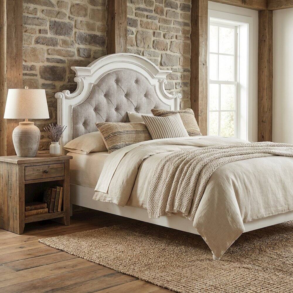 Alt View 3. Starlight Canyon Home - Antique White Upholstered Panel Headboard with Weathered Bark Wood Accents - White.