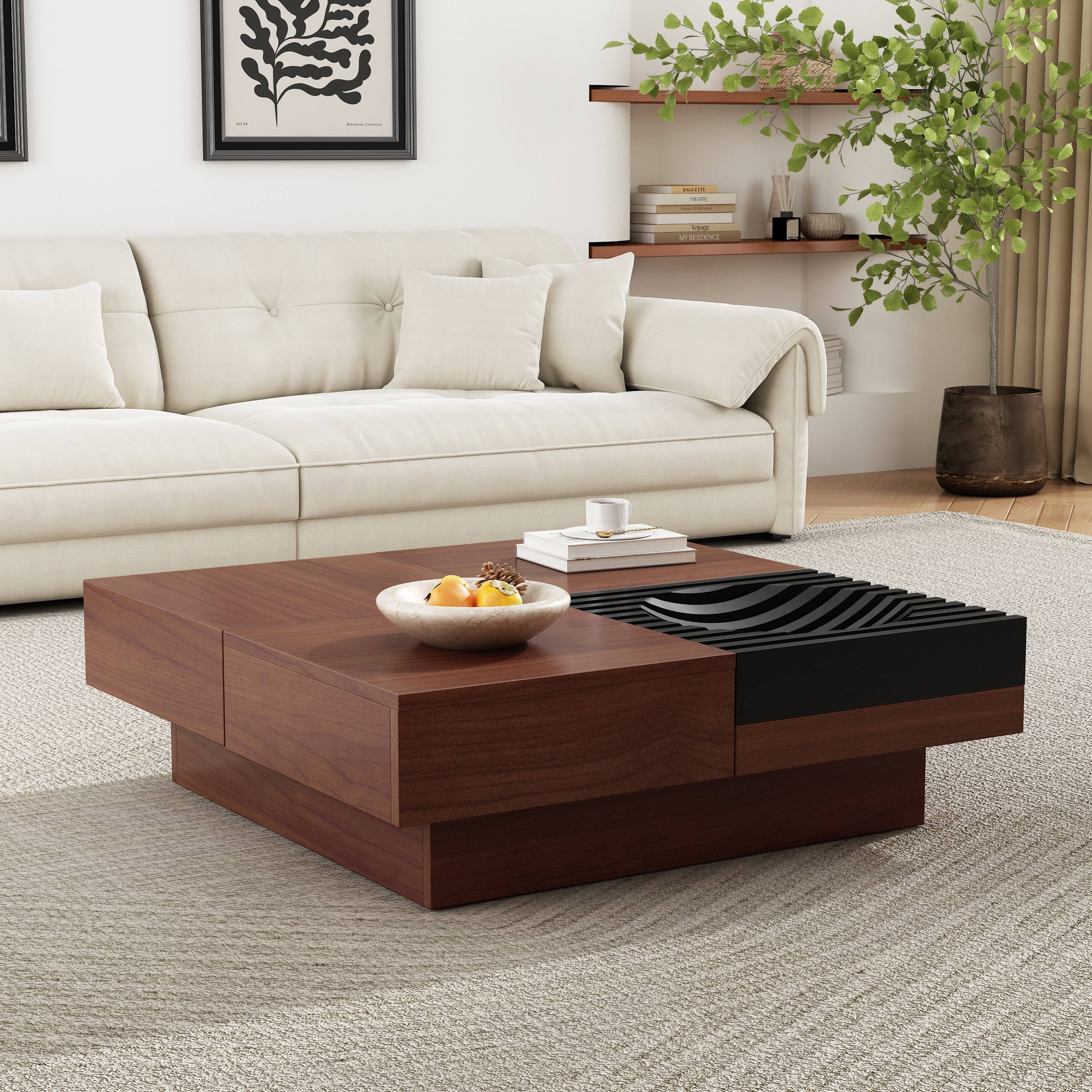 Alt View 1. Lirago - 35" Brown Italian Retro Acacia Wood Coffee Table Solid Wood Crafted Small Living Room Style with Hidden Storage Drawer - Brown.