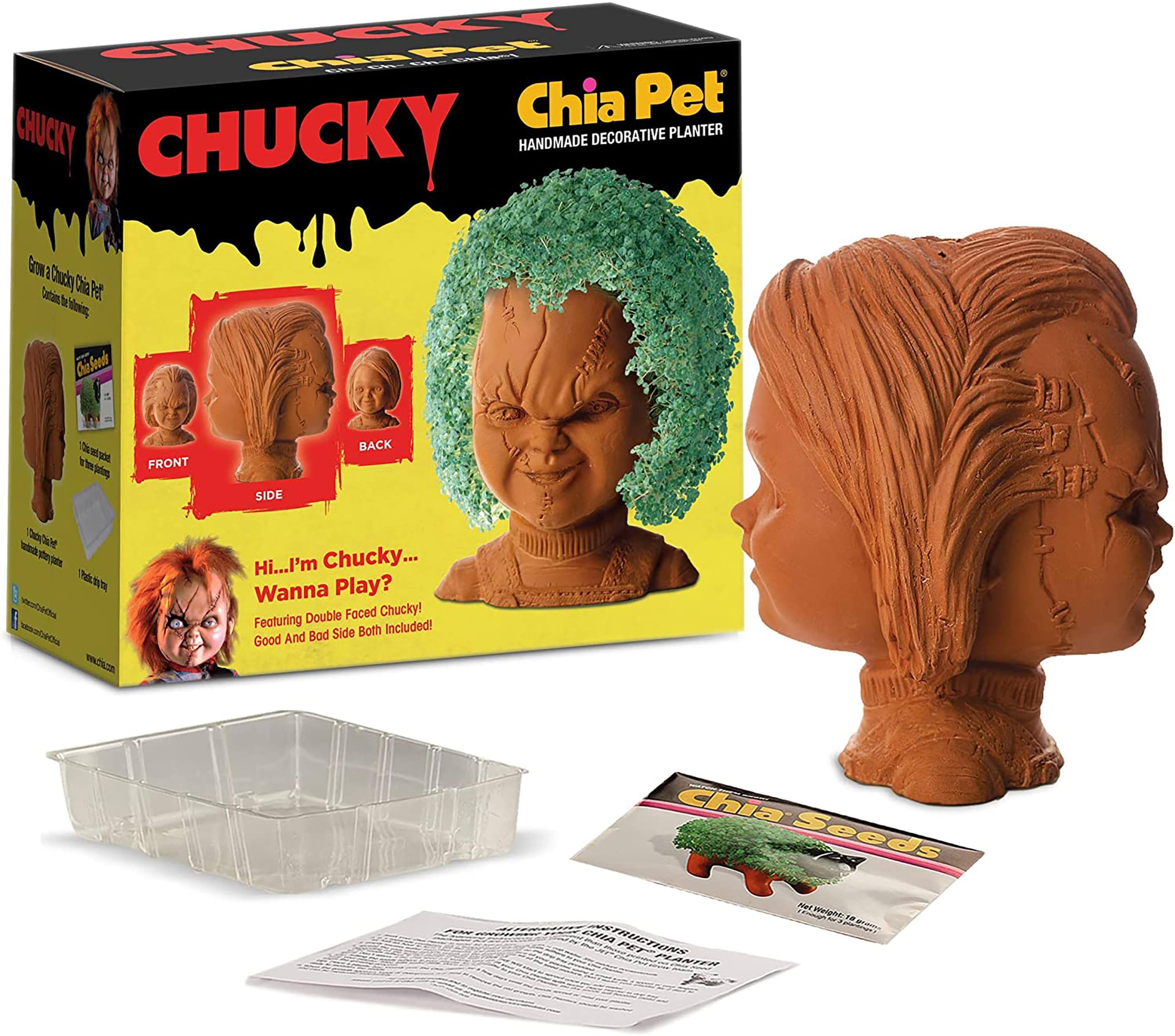 CHUCKY Chia Pet  
CHUCKY DECORATIVE PLANTER  
CHUCKY HANDMADE  
Hi...I'm Chucky... Wanna Play?  
Double Faced Chucky!  
Featuring Both Included!  
Good And Bad Side Both Included!  
Chia Seeds