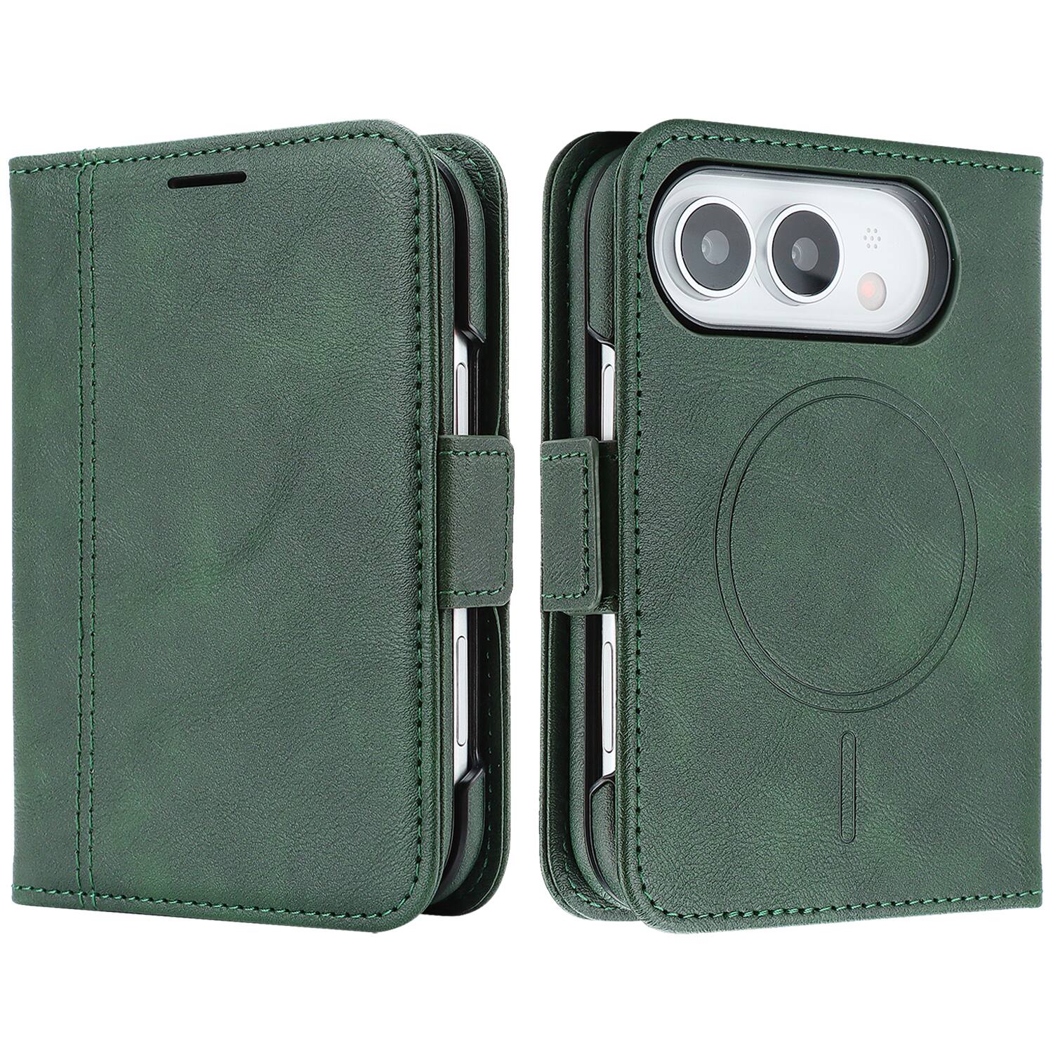 Front. Dteck - Shockproof RFID Leather Wallet Phone Case for Apple iPhone Duo, Detachable Magnetic 2 in 1 Folio TPU Protective Cover - Green.