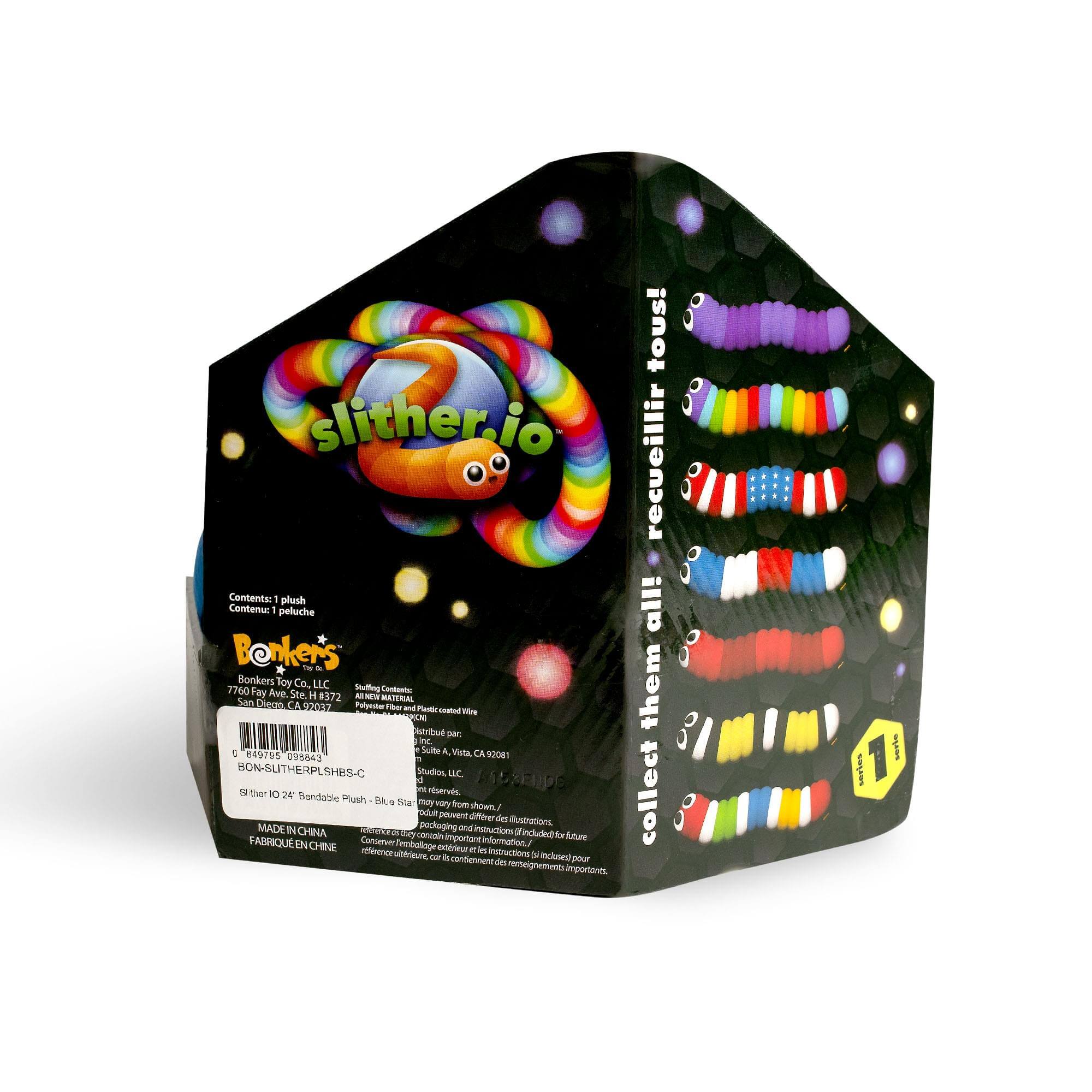 - Contents: 1 plush
- Contenu: 1 peluche

- Bonker's Toy Co.
- LIC 7760 San Fay Ciens Ave CA Sta 02012 H #572

- Slither.io
- collect them all!

- Bon-SUTHERPLSHBS-C
- Studios AC
- Moervds
- LEsEDS

- Slither.io 24" Bendable Plush - Blue Star
- Collectable Plush

- MADE IN CHINA
- FABRIQUÉ EN CHINE

- Important information
- Conserver important information
- Instructions ufson
- Conserver l'emballage et l'instruction de renouvellement

- Packaging and instructions if included
- Conserver l'emballage et l'instruction de renouvellement