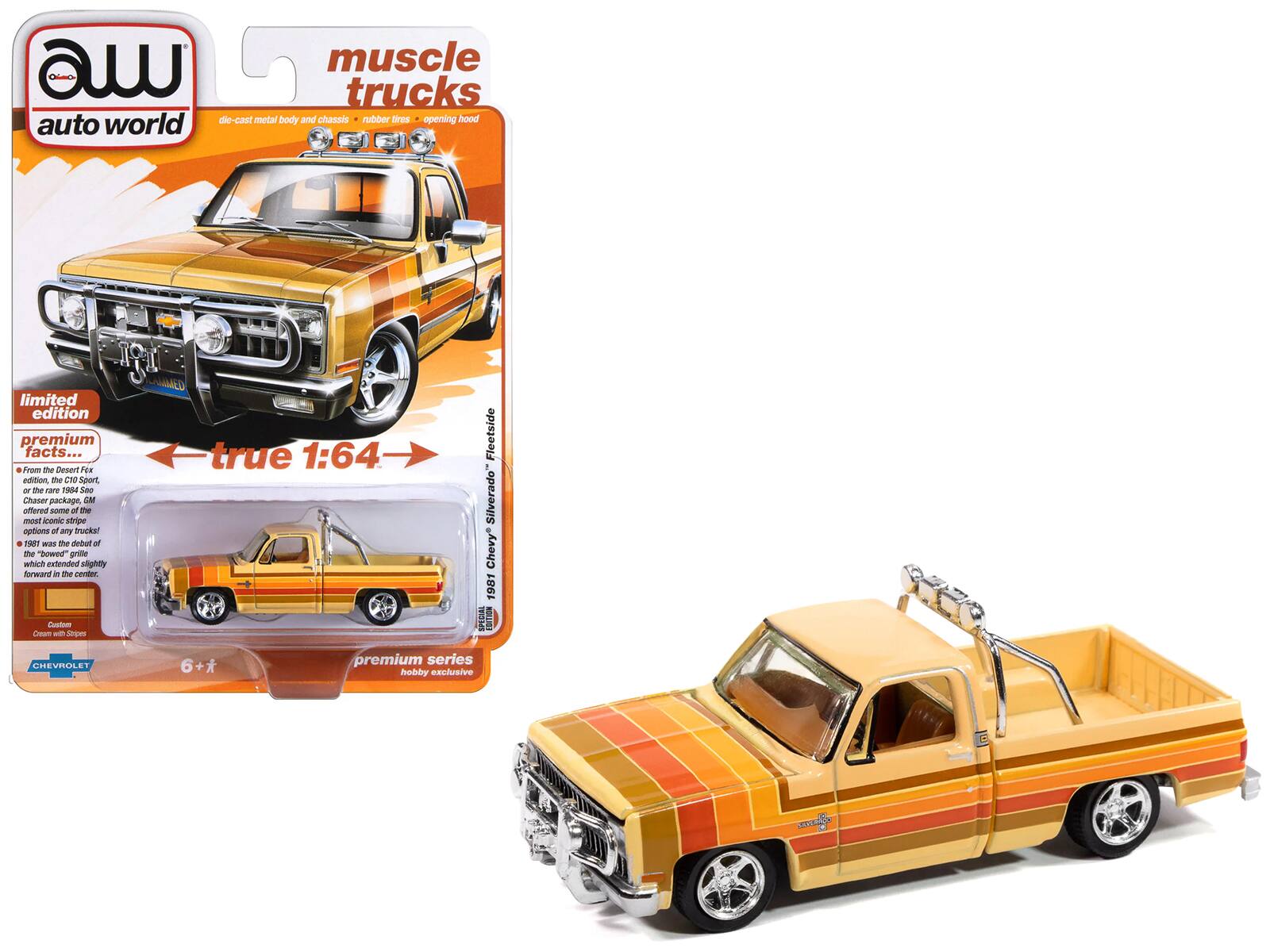muscle trucks  
die-cast metal body and chassis  
rubber tires  
opening hood  

auto world  
limited edition  
premium facts...  

From the Desert Fox  
edition, the C10 Sport,  
Chaser package, GM  
offered some of the  
most options of any trucks!  
1981 was the debut of the  
"bowed" grille,  
elevated slightly forward in the center.  

Custom  
Cruise with Spikes  

true 1:64  

1981 Chevy Fleetside  
6+  

premium  
hobby