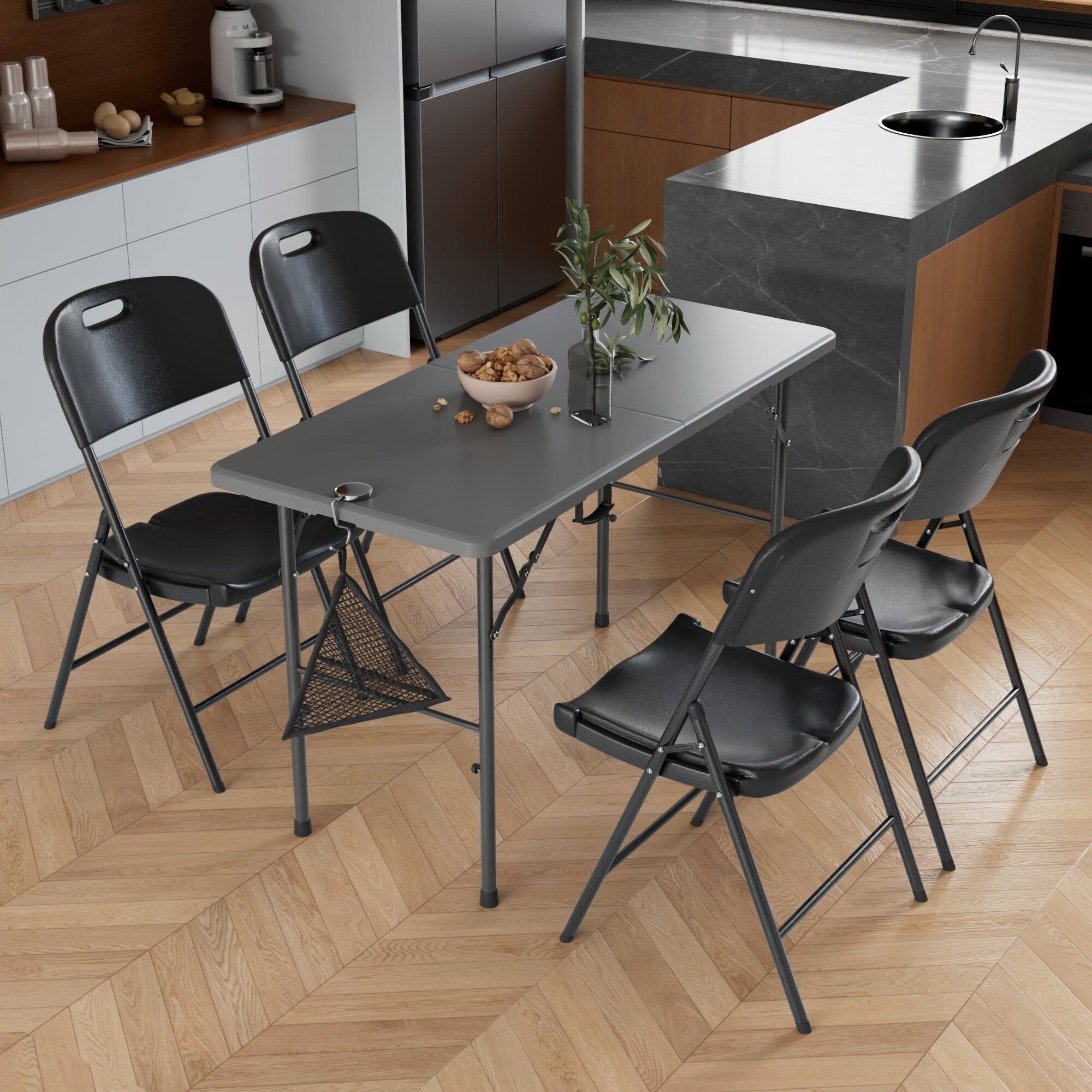 Back. Vecelo - Portable Folding Card Table and Chairs Set for 4 – HDPE Space Saving Folding Table for Indoor Outdoor Events - Grey.