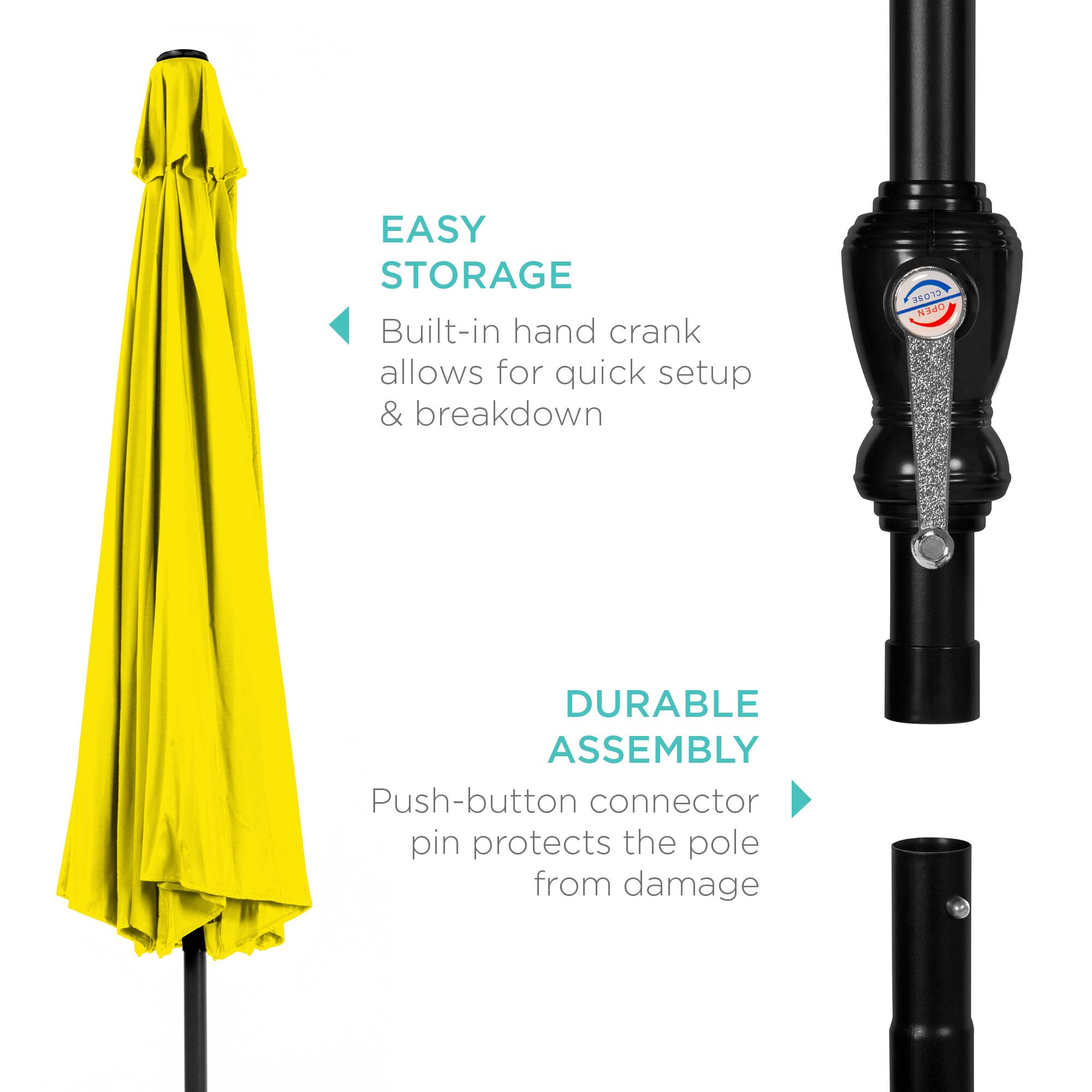EASY STORAGE  
Built-in hand crank allows for quick setup & breakdown  

DURABLE ASSEMBLY  
Push-button connector pin protects the pole from damage