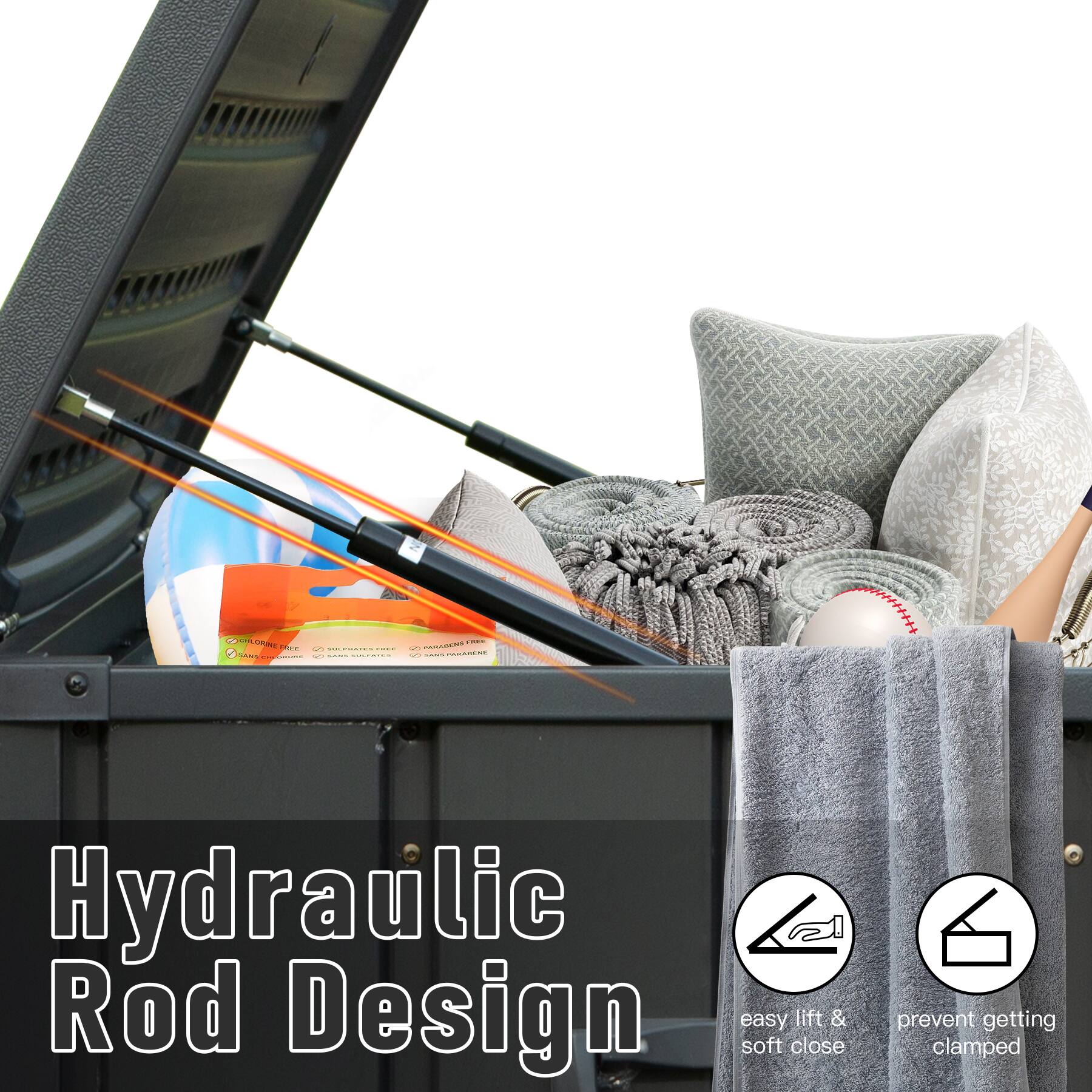 Hydraulic Rod Design

- easy lift & soft close
- prevent getting clamped