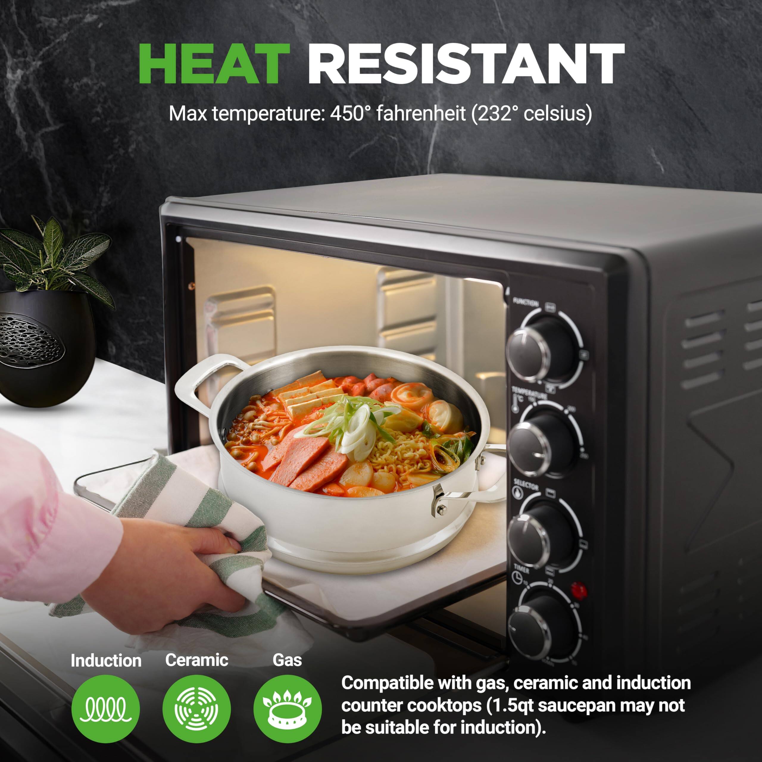 HEAT RESISTANT  
Max temperature: 450° fahrenheit (232° celsius)  

SELECTION  
Induction Ceramic Gas  
Compatible with gas, ceramic and induction counter cooktops (1.5qt saucepan may not be suitable for induction).