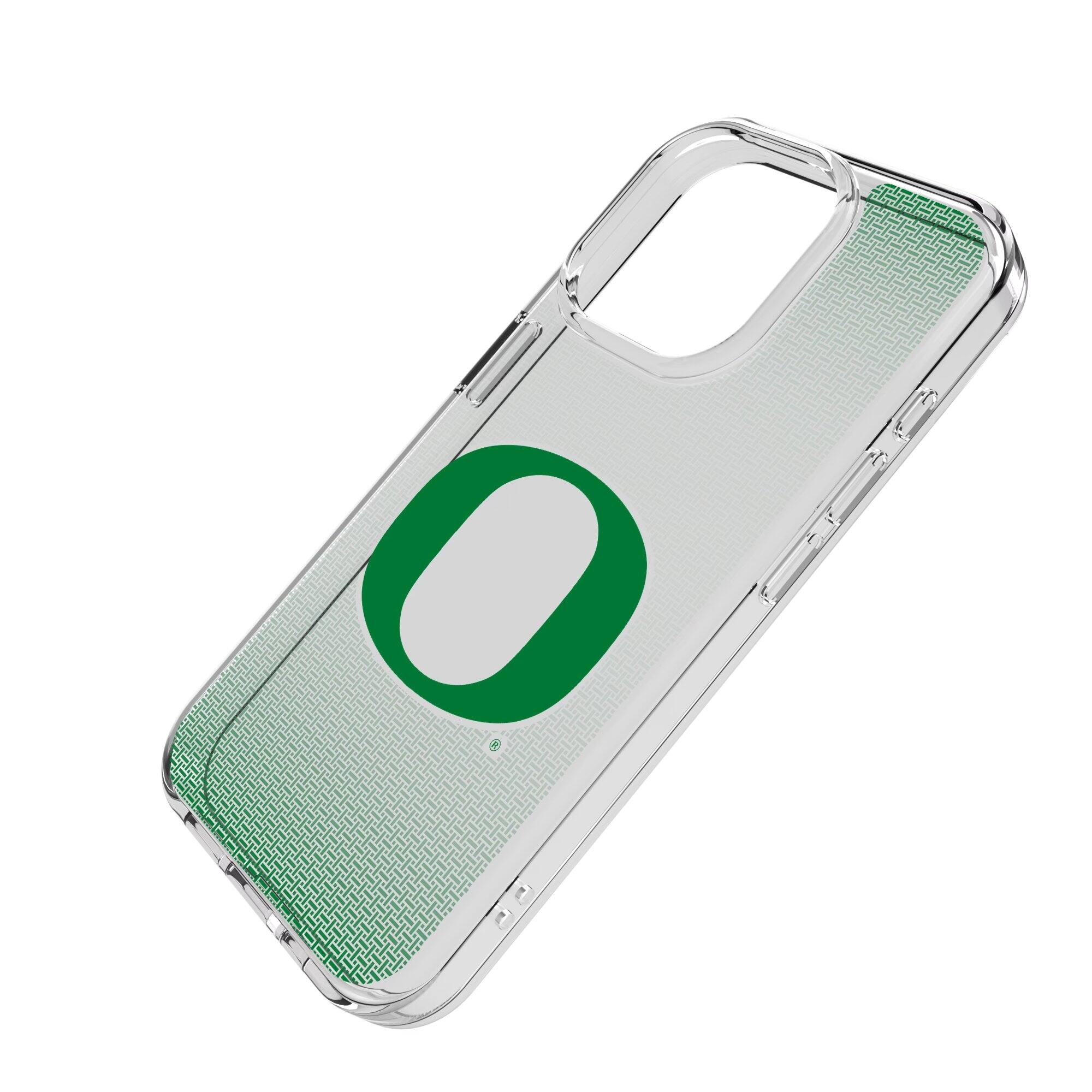 Alt View 1. Keyscaper - Oregon Ducks Linen Logo iPhone Clear Case - 13 mini - Multicolor.