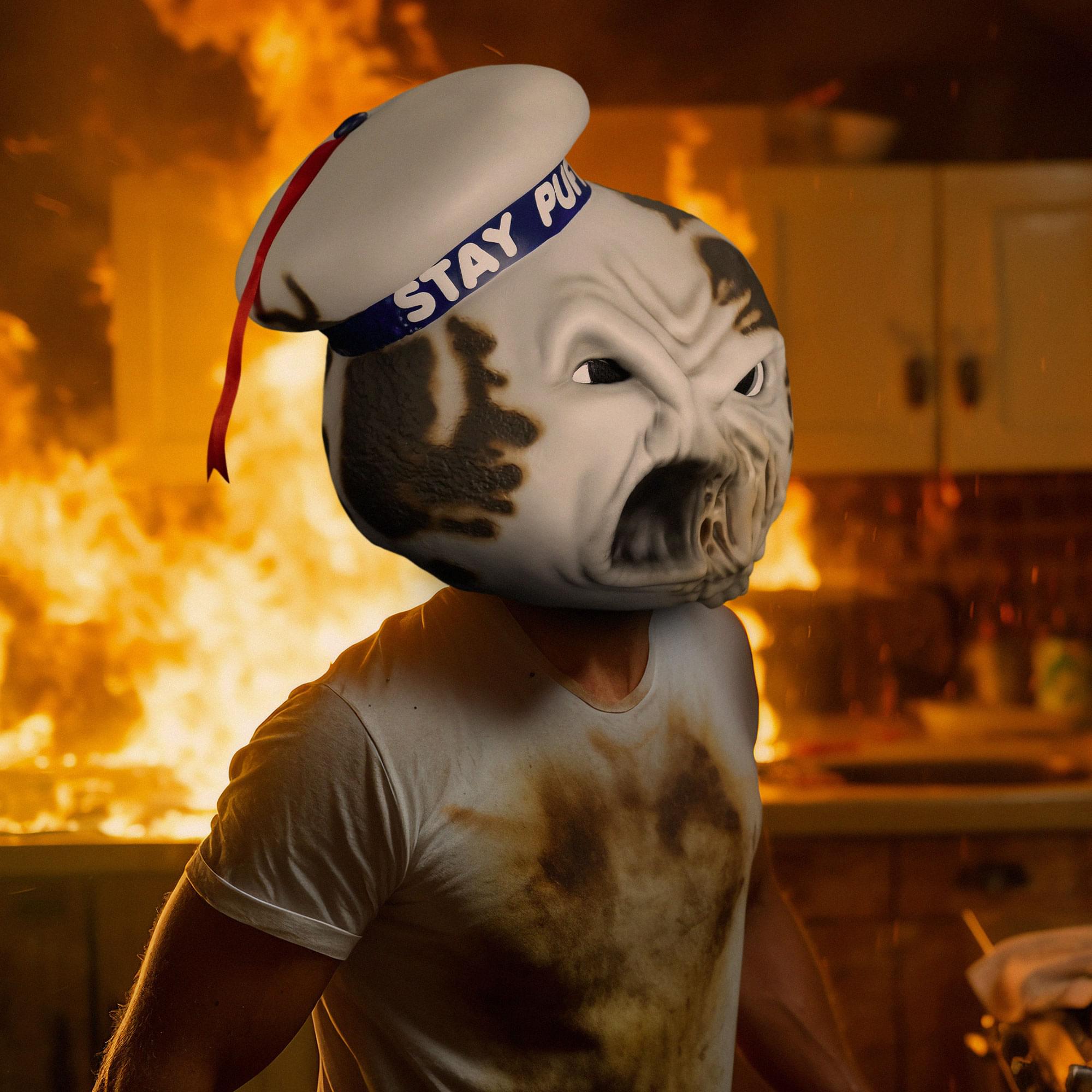 Alt View 4. Trick or Treat Studios - Ghostbusters Toasted Stay Puft Marshmallow Man Adult Vinyl Costume Mask - White.