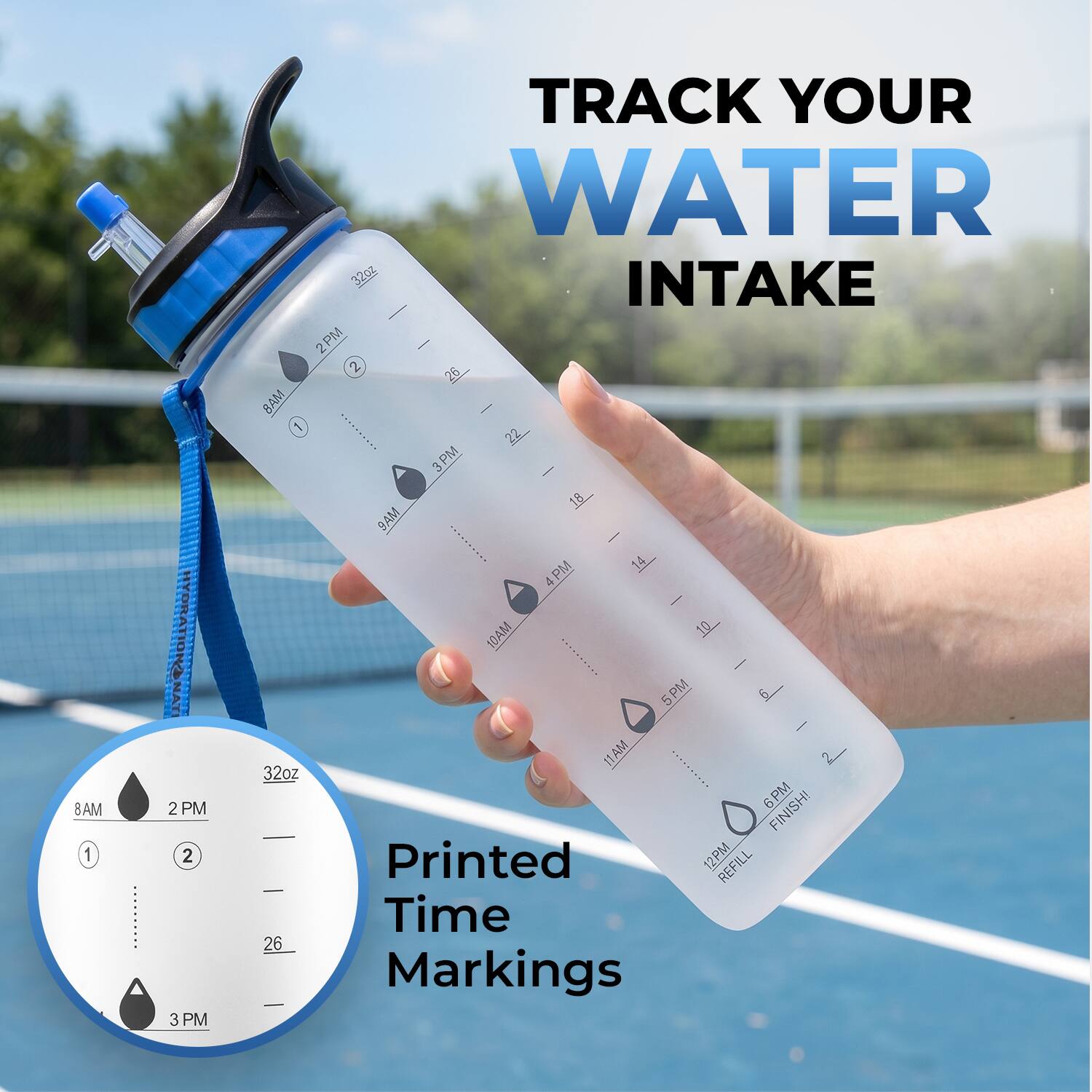 8AM 1 DRINK 2PM 2 3PM TRACK YOUR WATER 32oz INTAKE - 2PM | 2 26 BAM : 5 22 3PM : 18 8AM I 14 4 4PM 4 : 10AM 10 I 5PM 5 5 I I1AM 2_ 32oz 6PM FINISH Printed 12PM REFILL Time 26 Markings