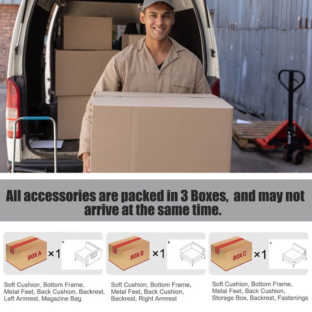 All accessories are packed in 3 Boxes, and may not arrive at the same time.

BOX A x 1  
Soft Cushion, Bottom Frame, Metal Feet, Back Cushion, Backrest, Left Armrest, Magazine Bag

BOX B x 1  
Soft Cushion, Bottom Frame, Metal Feet, Back Cushion, Backrest, Right Armrest

BOX C x 1  
Soft Cushion, Bottom Frame, Metal Feet, Back Cushion, Storage Box, Backrest, Fastenings