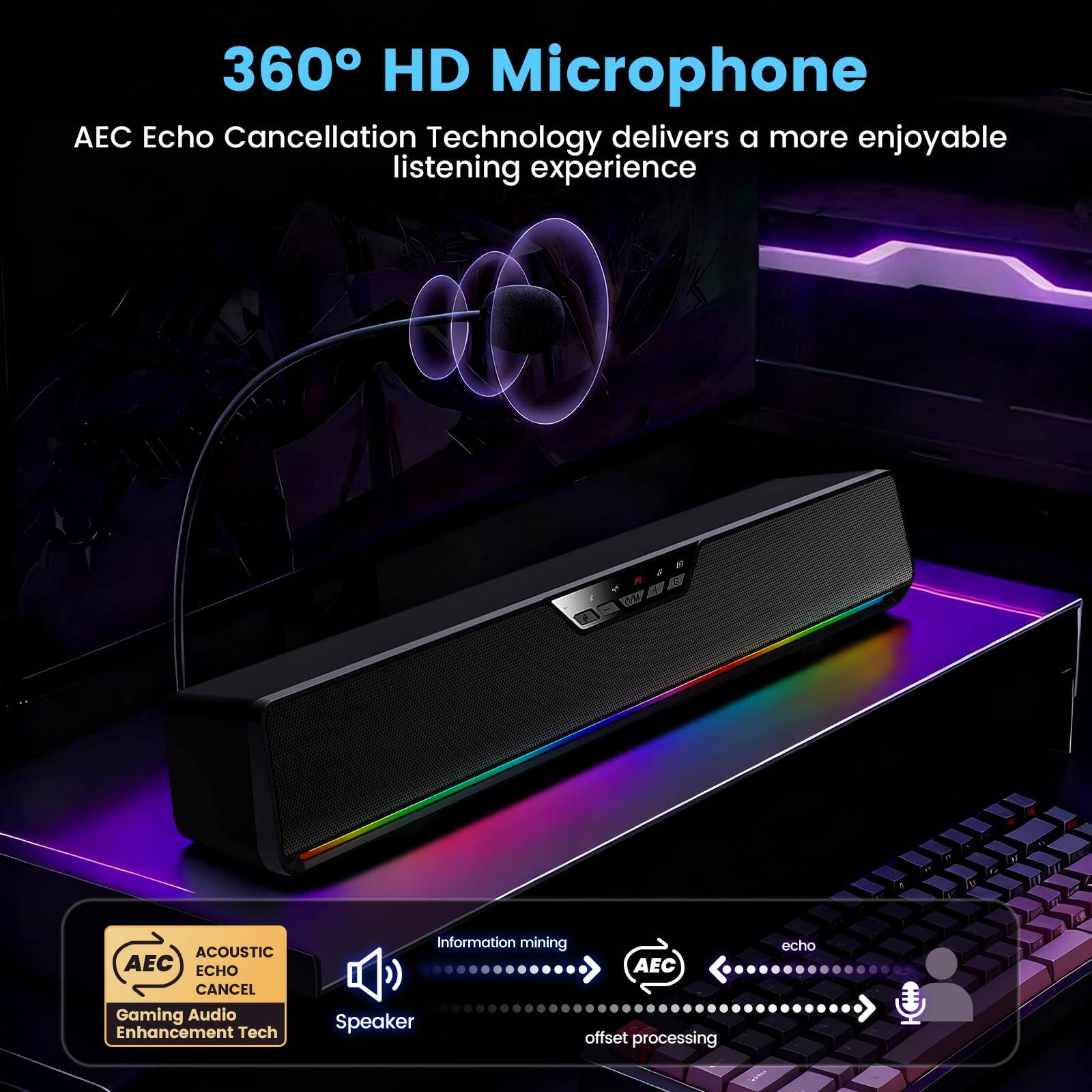 360° HD Microphone  
AEC Echo Cancellation Technology delivers a more enjoyable listening experience  

ACOUSTIC AEC ECHO CANCEL  
Gaming Audio Enhancement Tech  

Information mining  
AEC  
offset processing  
echo  

Speaker