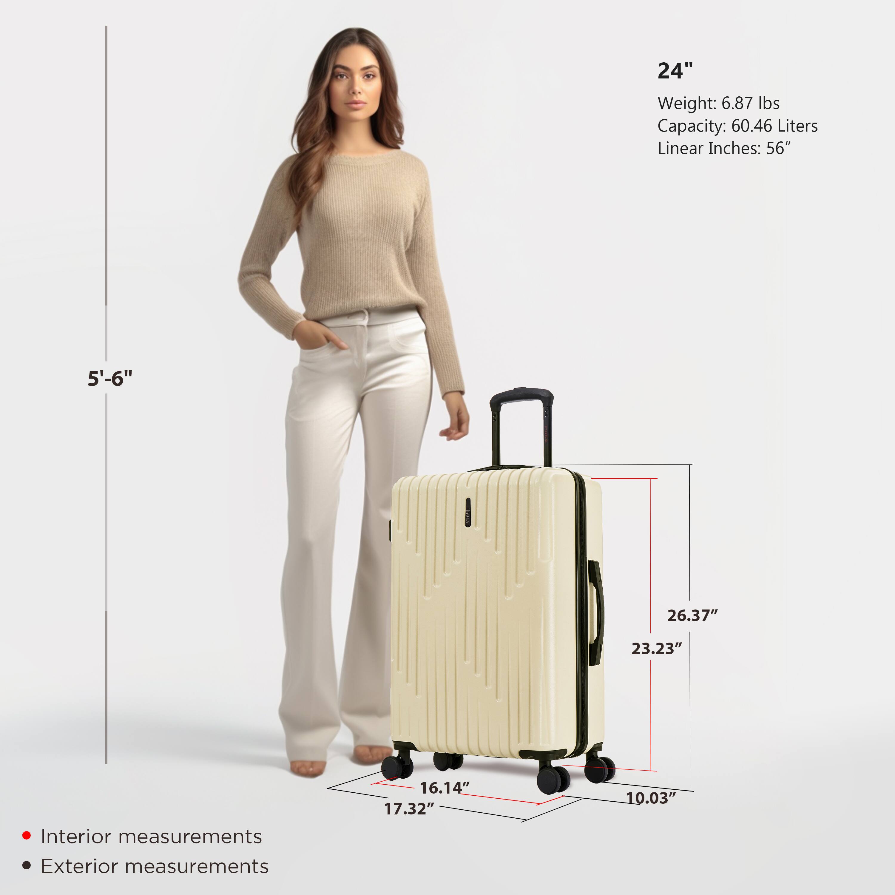 - **24"**
  - Weight: 6.87 lbs
  - Capacity: 60.46 Liters
  - Linear Inches: 56"

- **Interior measurements**
  - 16.14"
  - 17.32"
  - 10.03"

- **Exterior measurements**
  - 26.37"
  - 23.23"
  - 14"