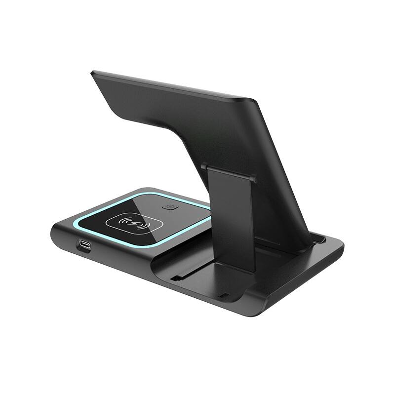 Left. RISOKEYS - 15W 3-in-1 Fast Wireless Charger - Foldable Dual-Coil Horizontal and Vertical Charging, Power Adapter with Light - Black.