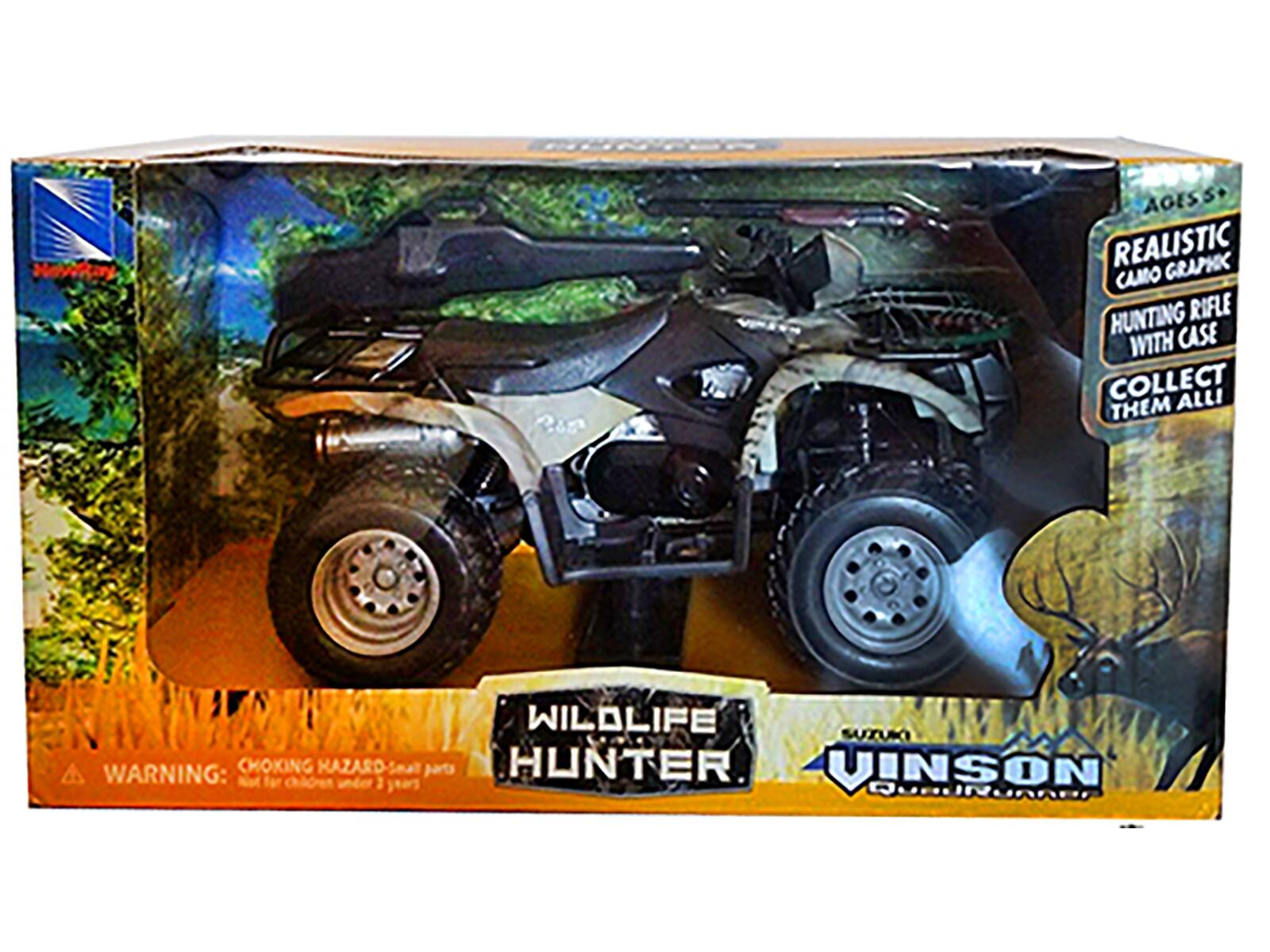 AGES 5+ REALISTIC CAMO GRAPHIC HUNTING RIFLE WITH CASE COLLECT THEM ALL! WILDLIFE HUNTER SUZUKI WARNING: CHOKING HAZARD-Small parts NOT for children under 3 years VINSON QUAD