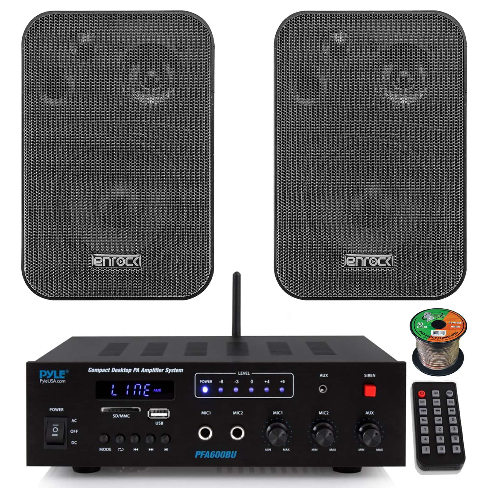Pyle - PFA600BU Compact Bluetooth FM Radio PA Amplifier Receiver, 2x 4" 30W 3-Way InDoor/OutDoor Box Speakers w/Wire