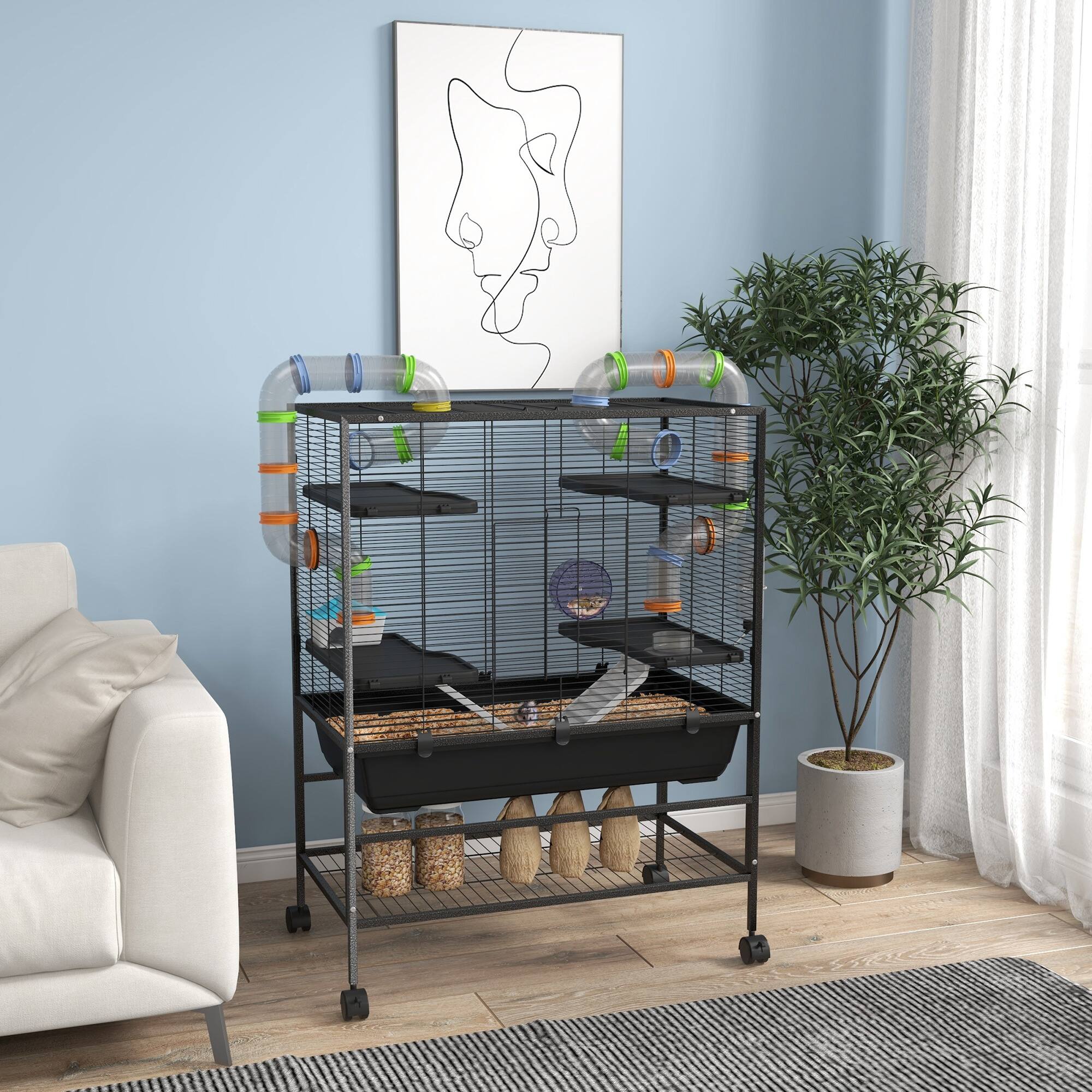Alt View 1. Pawhut - Animal Cage for Syrian Hamster, Gerbil Cage with Tubing System, Running Wheel.