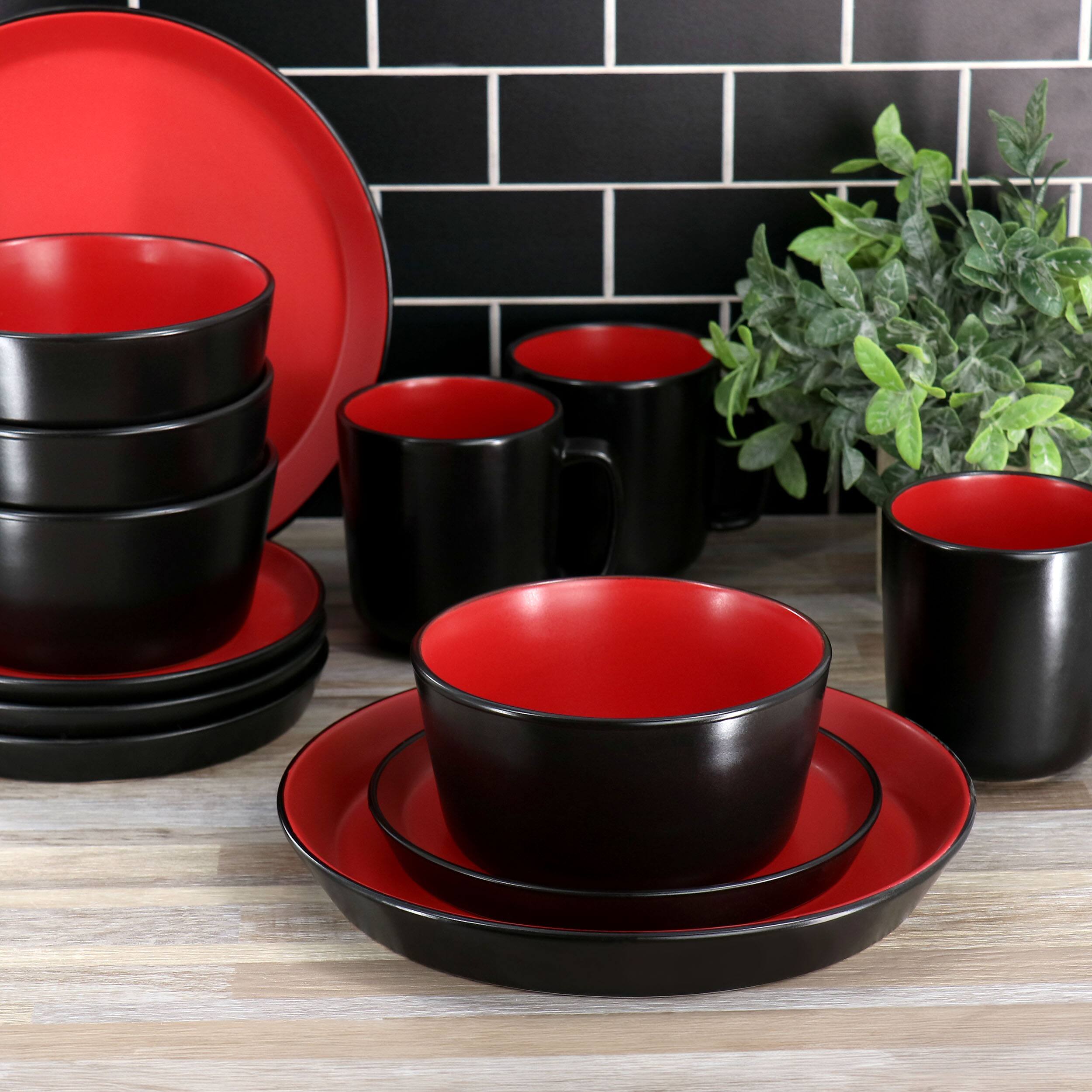 Alt View 8. Elama - Elama Bacarra 16 Piece Stoneware Dinnerware Set in Two Tone Black and Red - Black and Red.