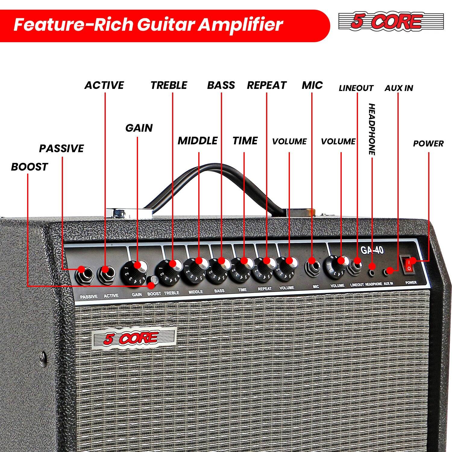 Feature-Rich Guitar Amplifier

5 CORE

- PASSIVE BOOST
- ACTIVE
- GAIN
- TREBLE
- MIDDLE
- BASS
- TIME
- REPEAT
- VOLUME
- MIC
- LINEOUT
- HEADPHONE
- AUX IN
- POWER

GA-40

PASSIVE ACTIVE GAIN BOOST TREBLE MIDDLE BASS TIME REPEAT VOLUME MIC LINEOUT HEADPHONE AUX IN POWER

5 CORE