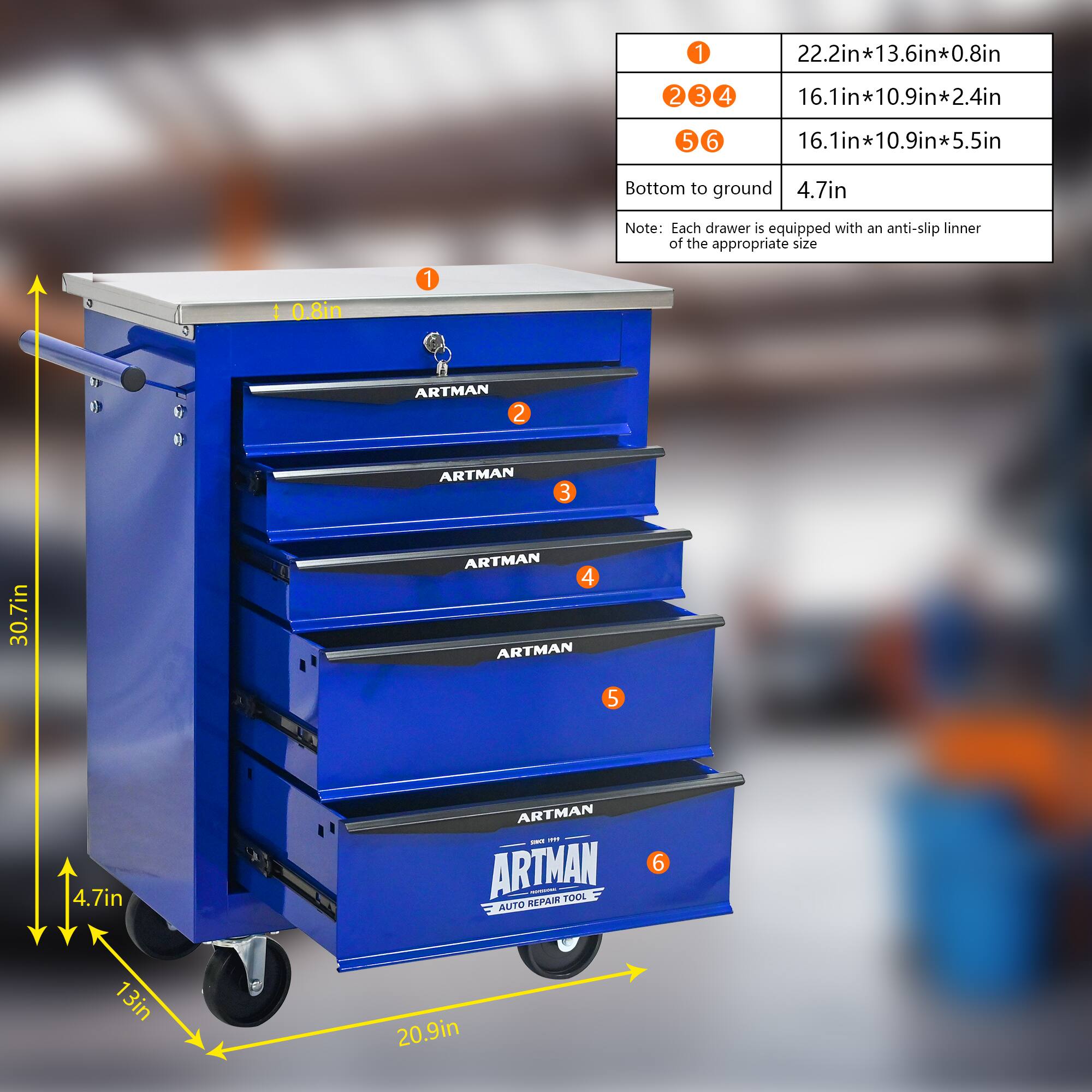 1. 22.2in*13.6in*0.8in  
2. 16.1in*10.9in*2.4in  
3. 16.1in*10.9in*5.5in  
4. Bottom to ground: 4.7in  

Note: Each drawer is equipped with an anti-slip liner of the appropriate size  

1. 0.8in  
2. ARTMAN  
3. 30.7in  
4. ARTMAN  
5. 4.7in  
6. ARTMAN  

ARTMAN  
AUTO REPAIR  
AIR TOOL  

13in  
20.9in