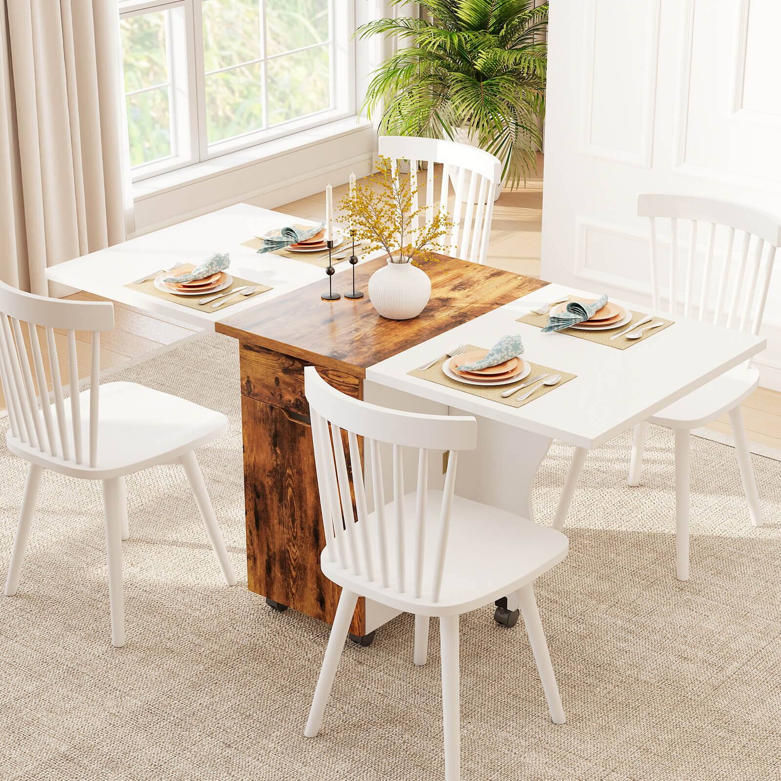 Alt View 4. Costway - Costway Folding Dining Table with Lockable Wheels, 2 Drawers & 2 Cabinets for Small Spaces - White + Rustic.