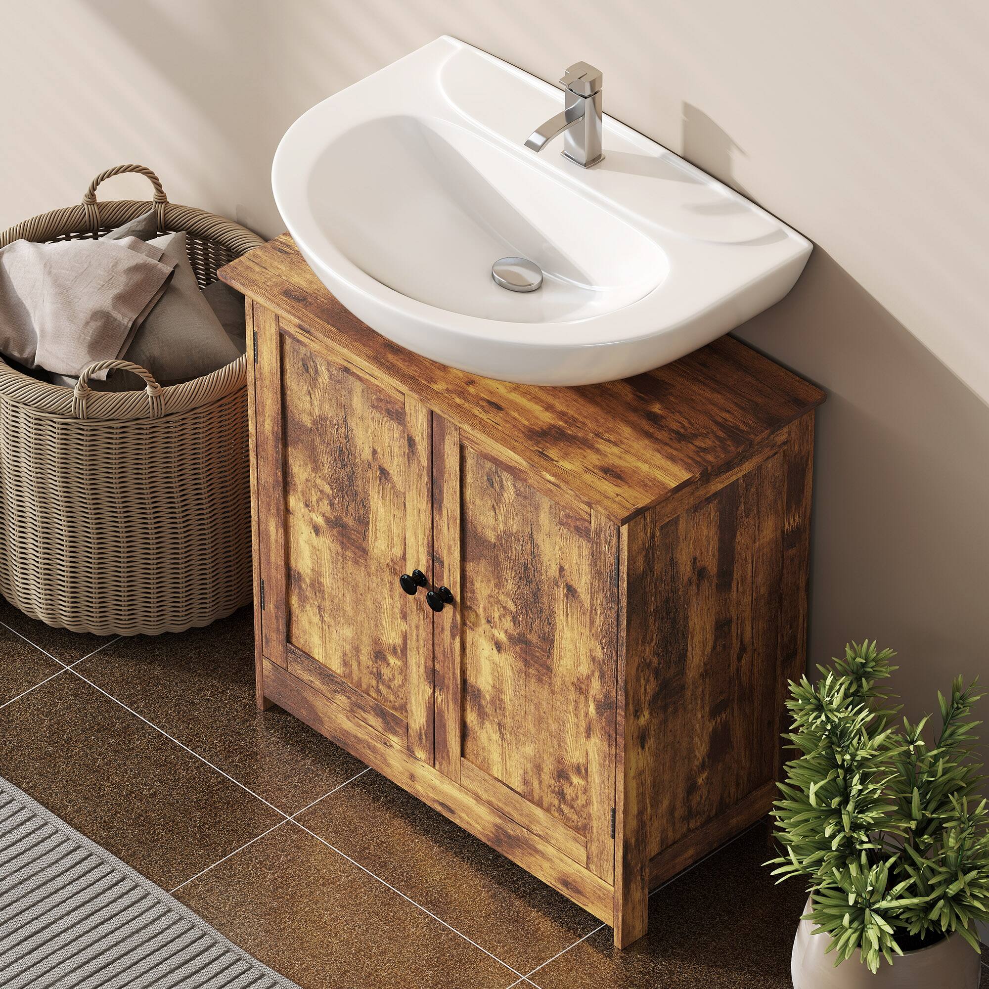 Alt View 7. Homcom - Vanity Cabinet, Under Sink Bathroom Cabinet with 2 Doors and Adjustable Shelf - Rustic Brown.