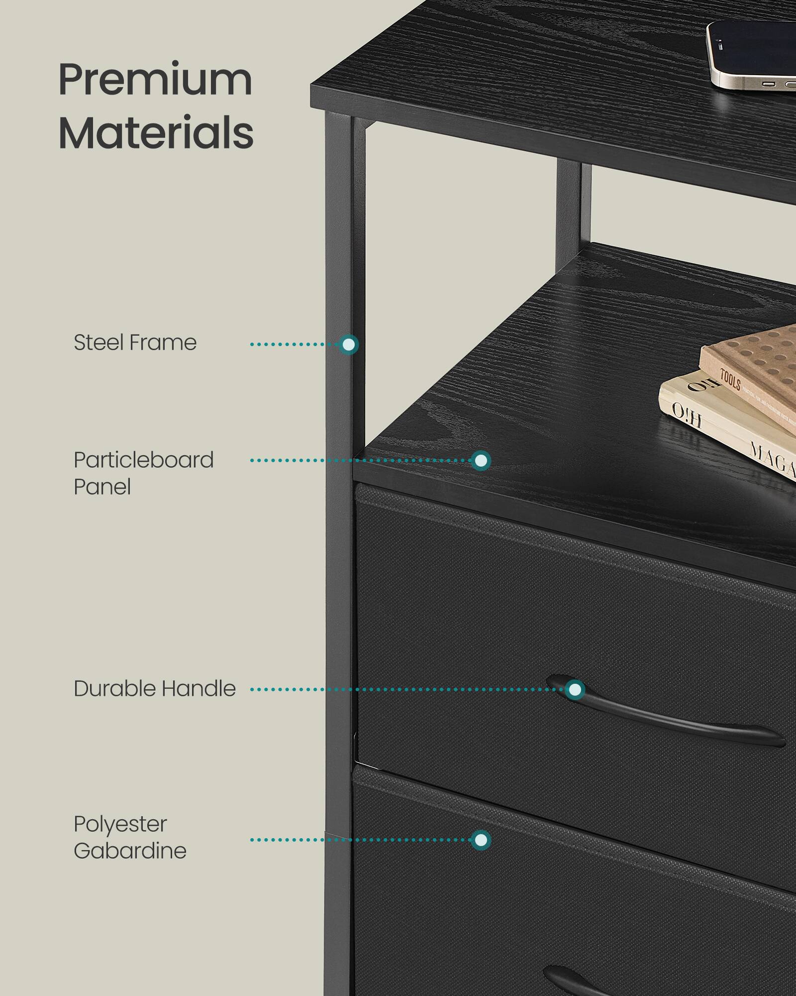 Premium Materials  
Steel Frame  
Particleboard Panel  
Durable Handle  
Polyester Gabardine