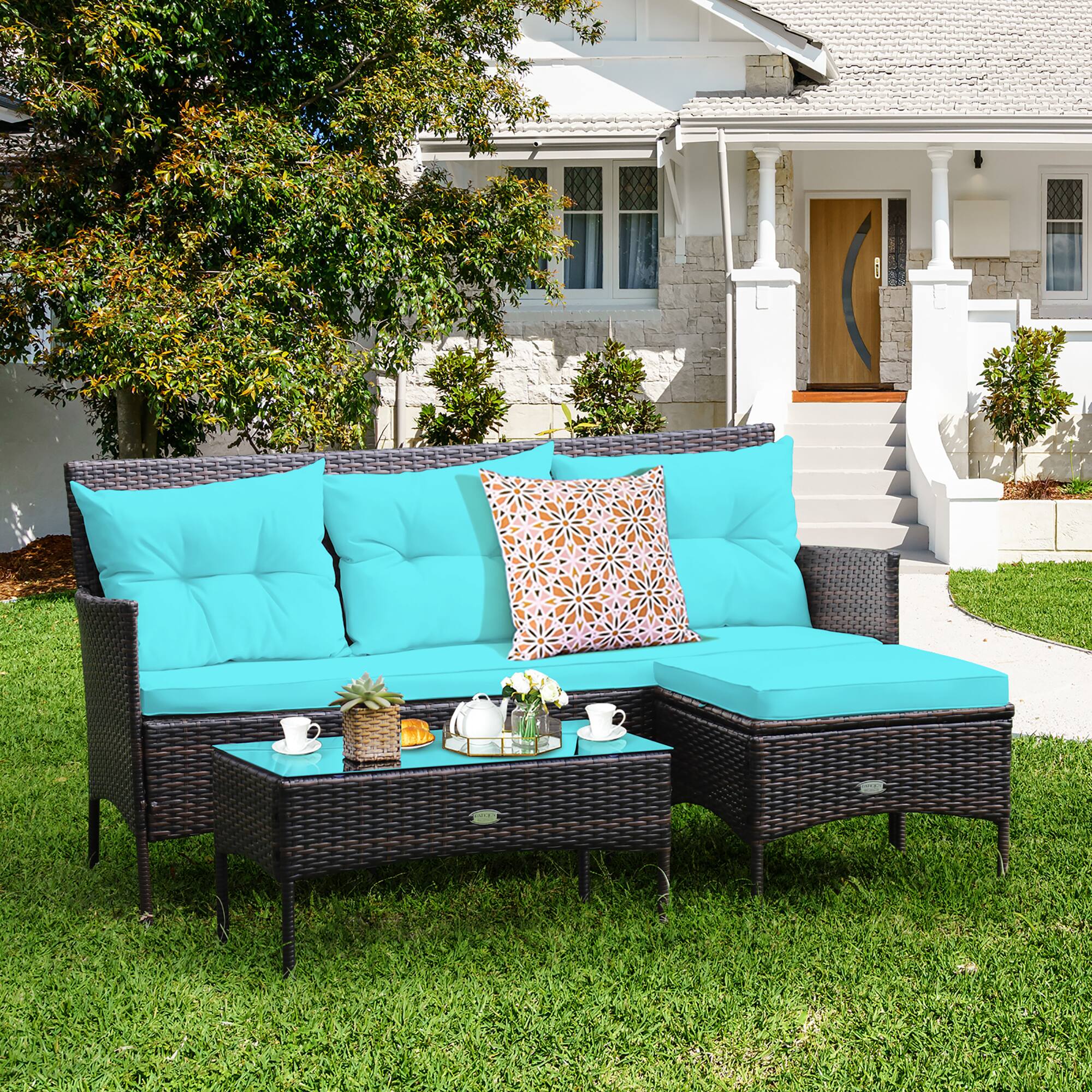 Alt View 1. Costway - Costway 3PCS Patio Rattan Furniture Set 3-Seat Sofa Cushioned Table - Turquoise.